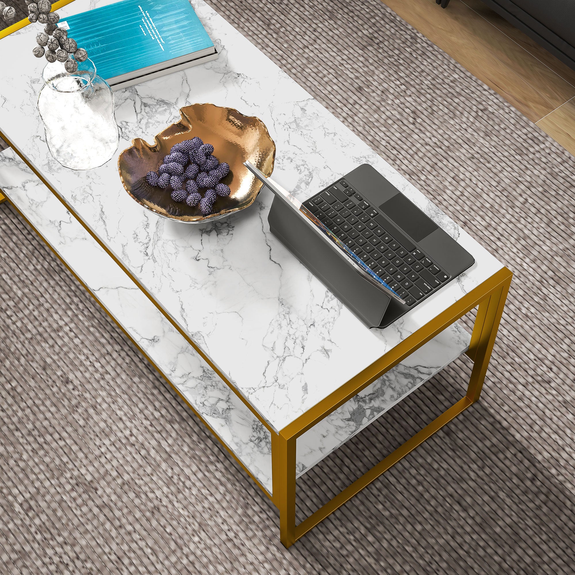 HOMCOM Coffee Table, Two-Tier Marble Centre Table with Metal Frame and Storage Shelf for Living Room, 106 x 50 x 45cm, White - North Peak Garden Furniture