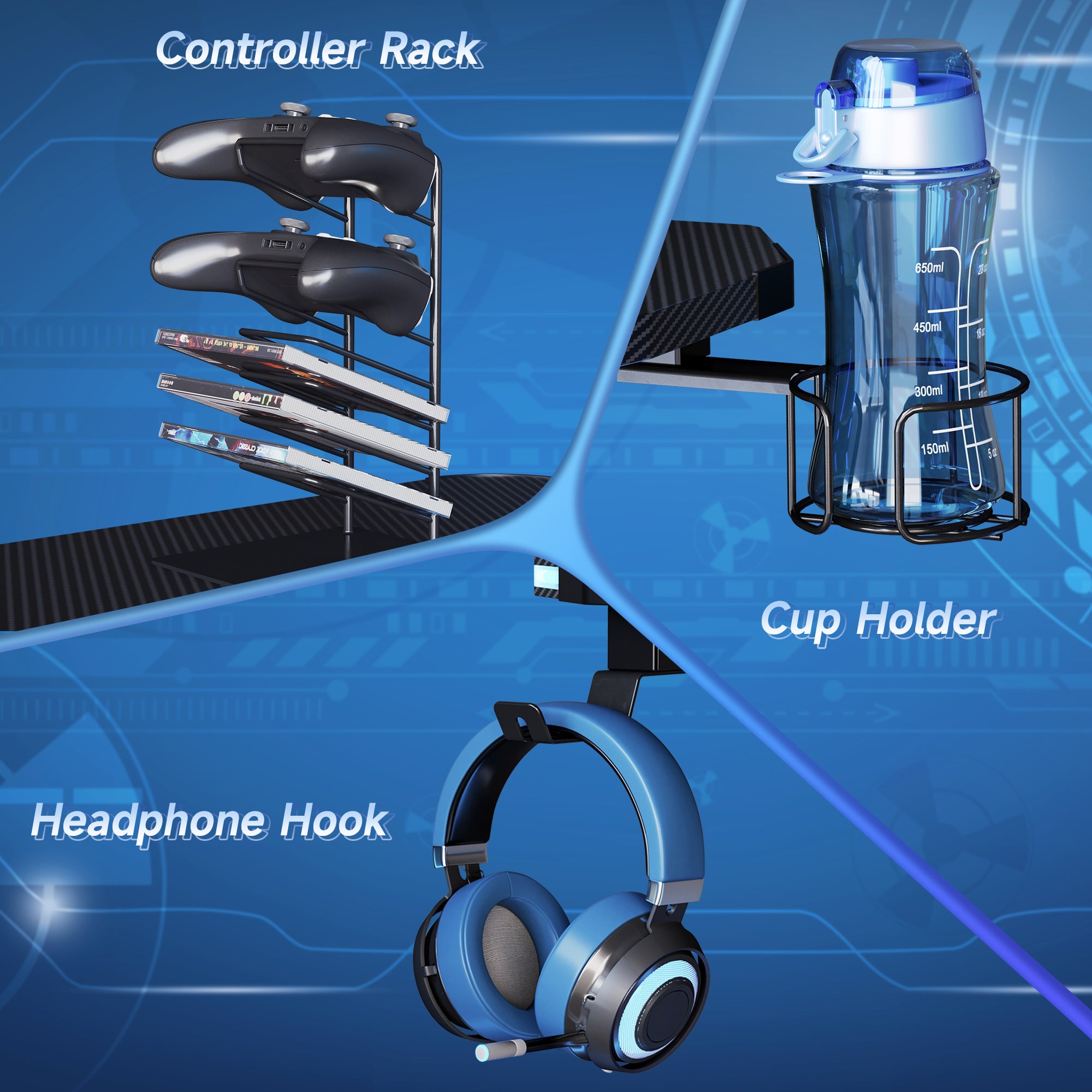 HOMCOM RGB 120 x 66cm Gaming Desk, Computer Table with Carbon Fibre Surface, Headphone Hook, Cup Holder, Controller Rack, Home Office Desk, Black - North Peak Garden Furniture