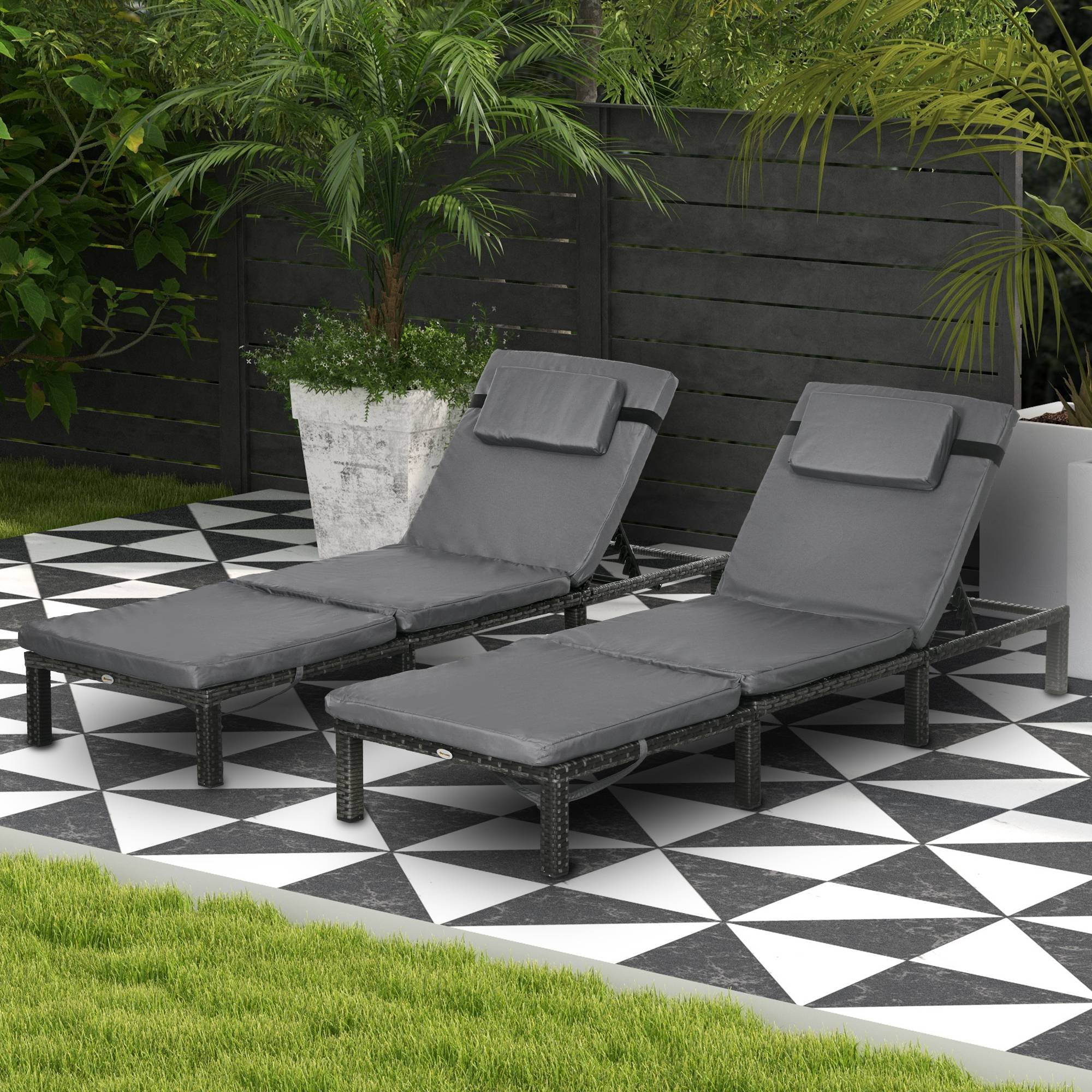 Outsunny Set of Two Reclining Rattan Sun Loungers, with Cushions - Grey - North Peak Garden Furniture
