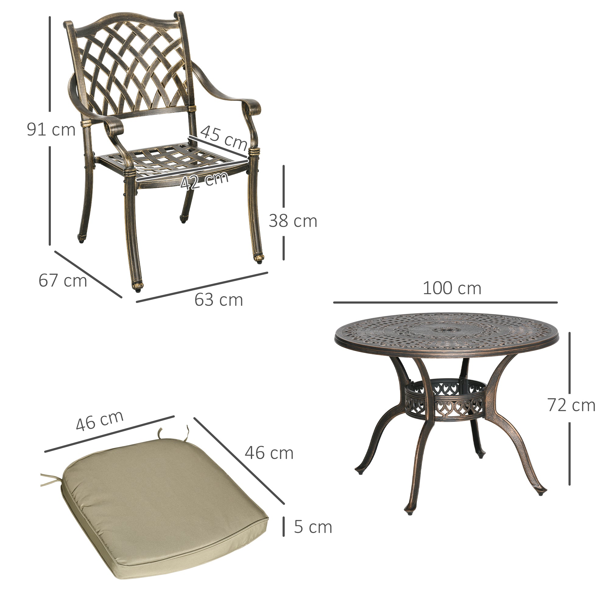 Outsunny 4 Seater Outdoor Dining Set Antique Cast Aluminium Garden Furniture Set with Cushions Round Dining Table with Parasol Hole, Bronze - North Peak Garden Furniture