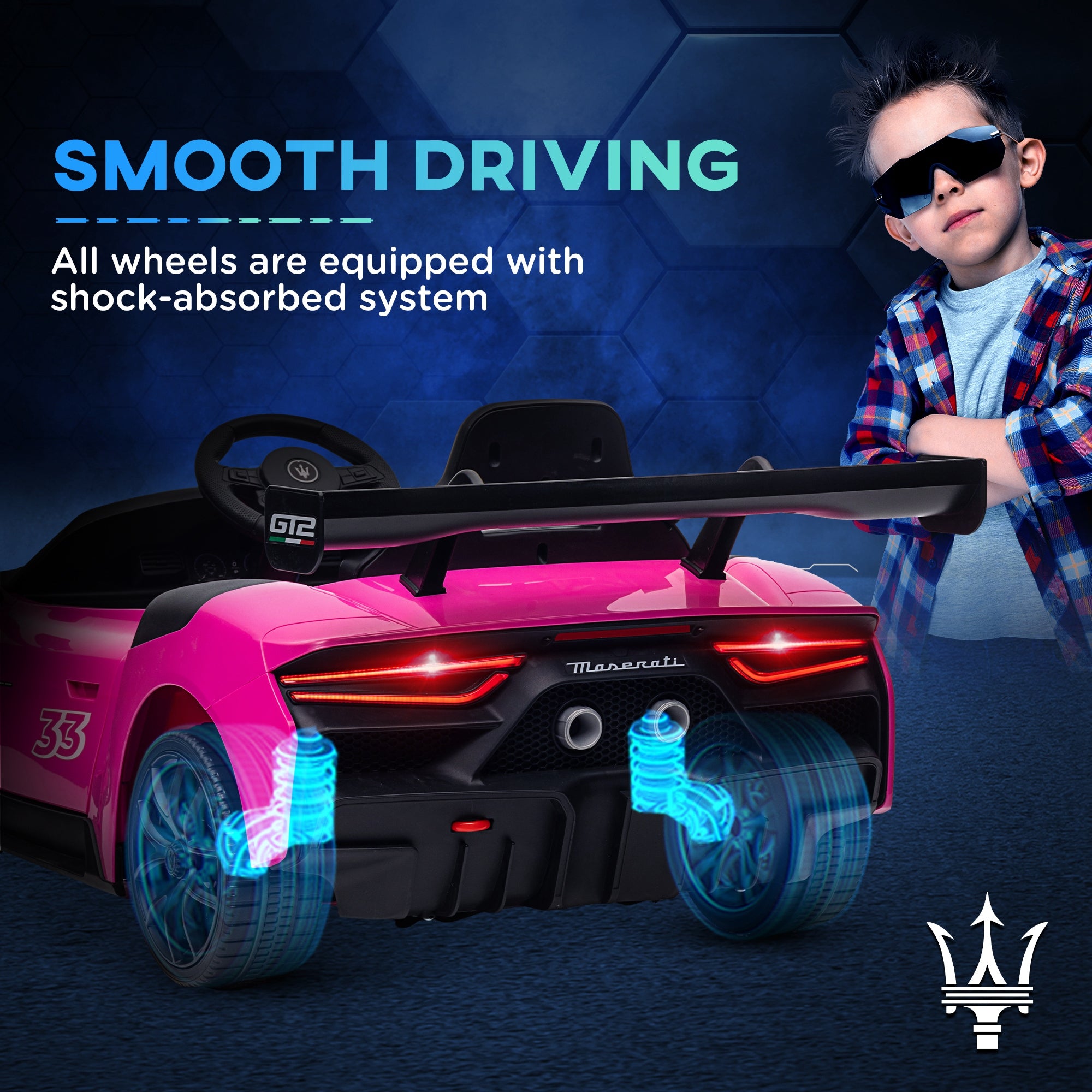 AIYAPLAY Maserati GT2 Licensed 12V Kids Electric Ride on Car with 4 Suspension, Remote Control Music Horn Lights - Pink - North Peak Garden Furniture