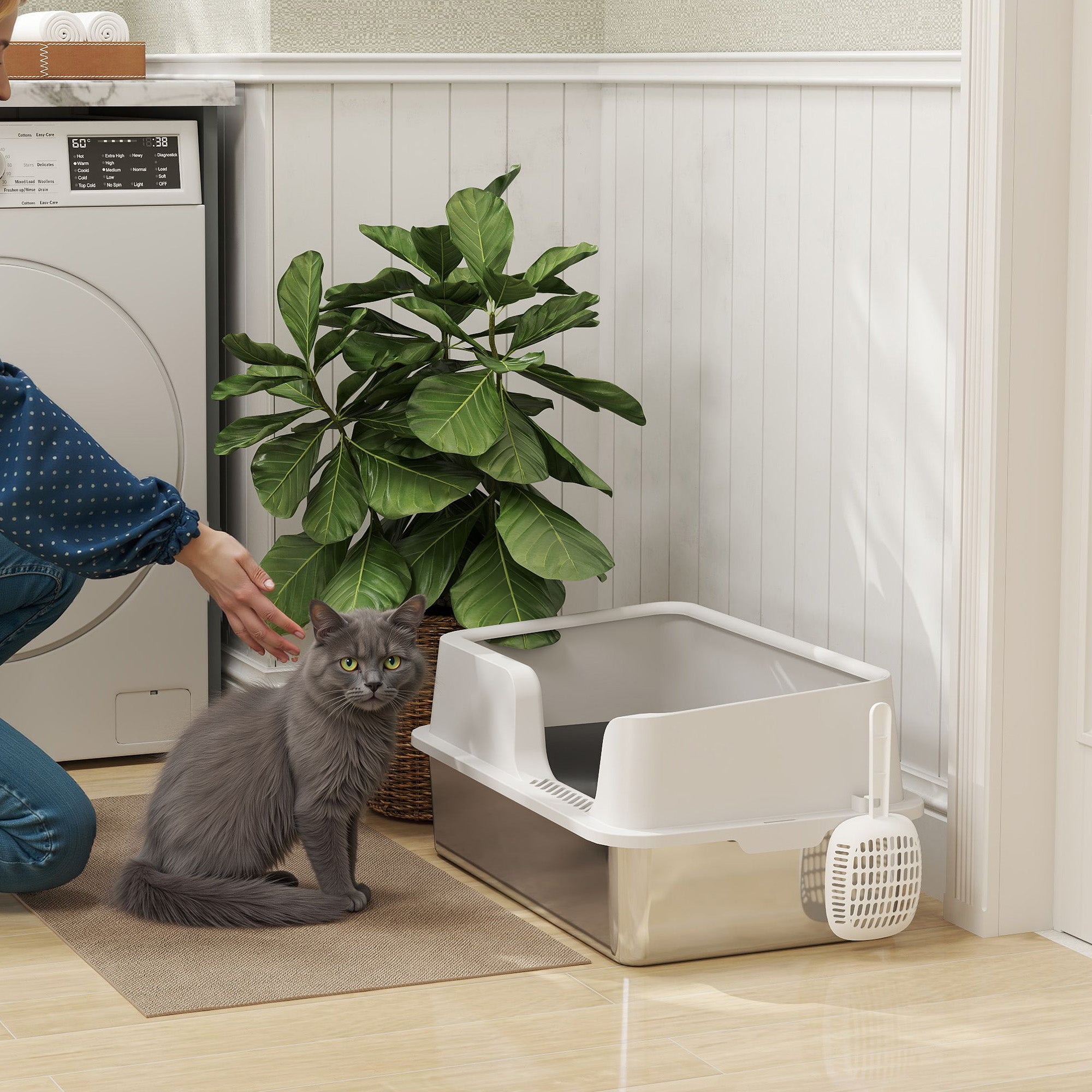 PawHut Stainless Steel Litter Box with Detachable Rim, Scoop, Easy Cleaning, Odour-Resistant, 60 x 40 x 28 cm - North Peak Garden Furniture