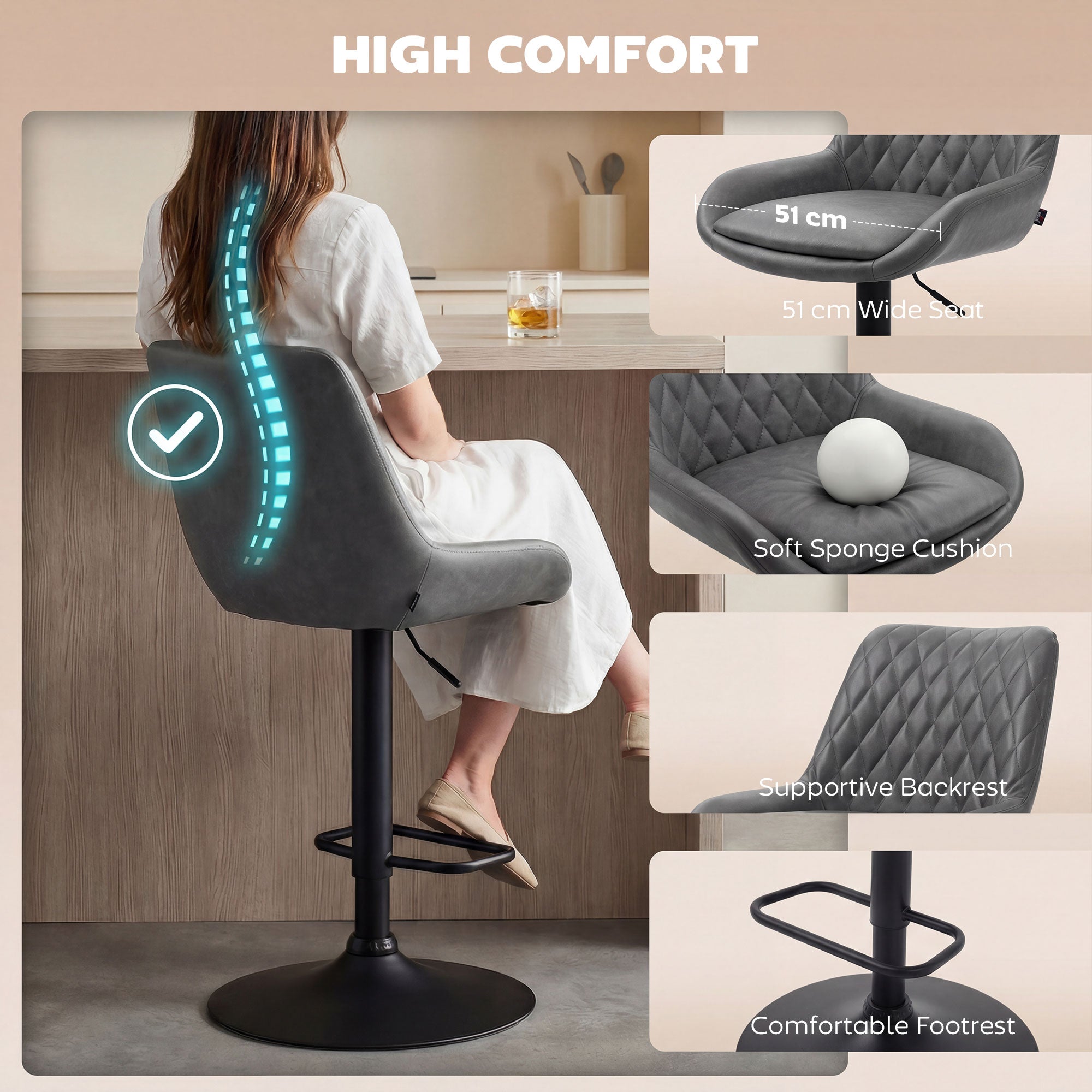 HOMCOM Retro Bar Stools Set of 2, Adjustable Kitchen Stool, Upholstered Bar Chairs with Back, Swivel Seat, Dark Grey