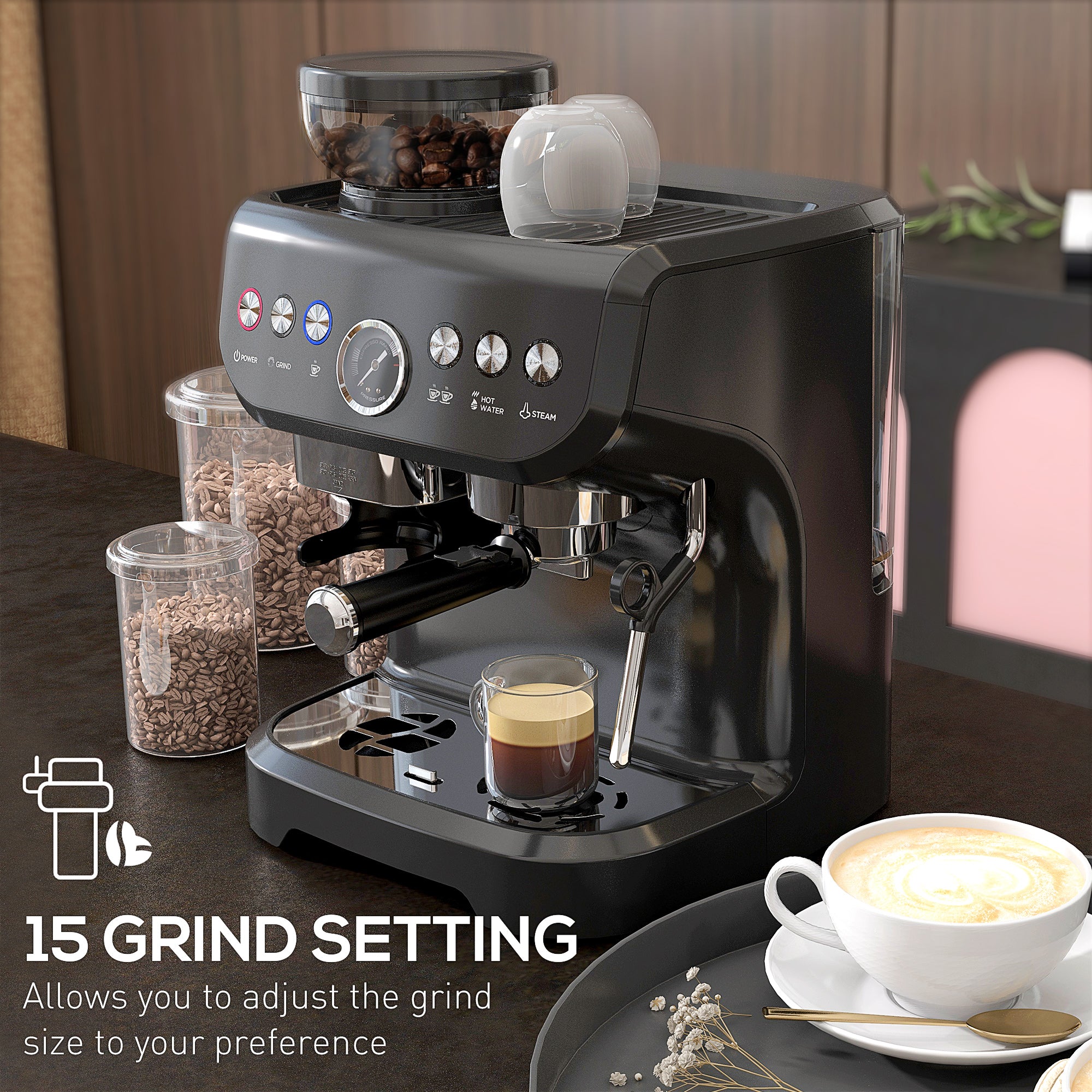 HOMCOM 15 Bar Coffee Machine, with Adjustable Grind, Steamer and Accessories - North Peak Garden Furniture