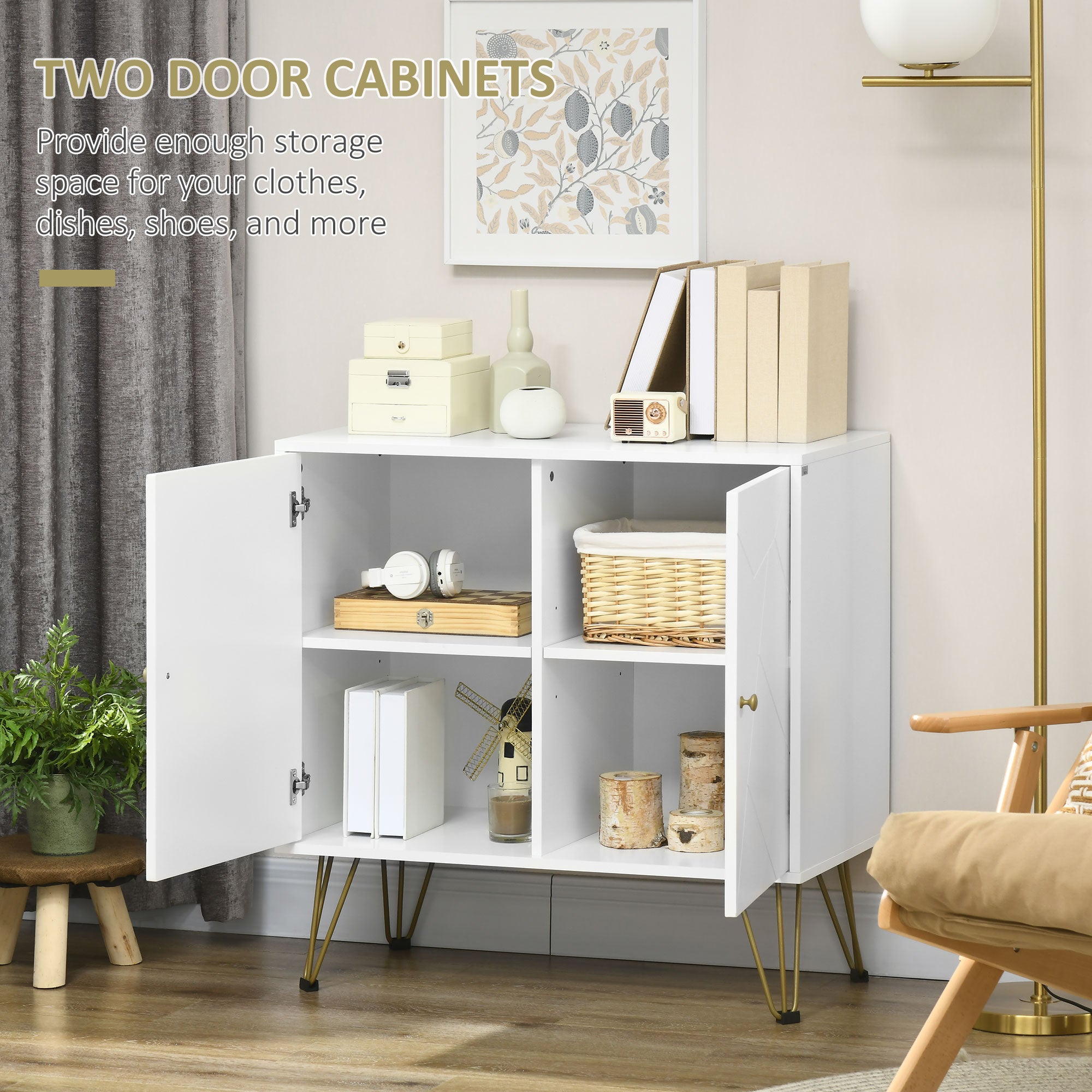 HOMCOM Storage Cabinet Slim Sideboard with Golden Hairpin Legs Adjustable Shelves for Living Room Dining Room Hallway White - North Peak Garden Furniture