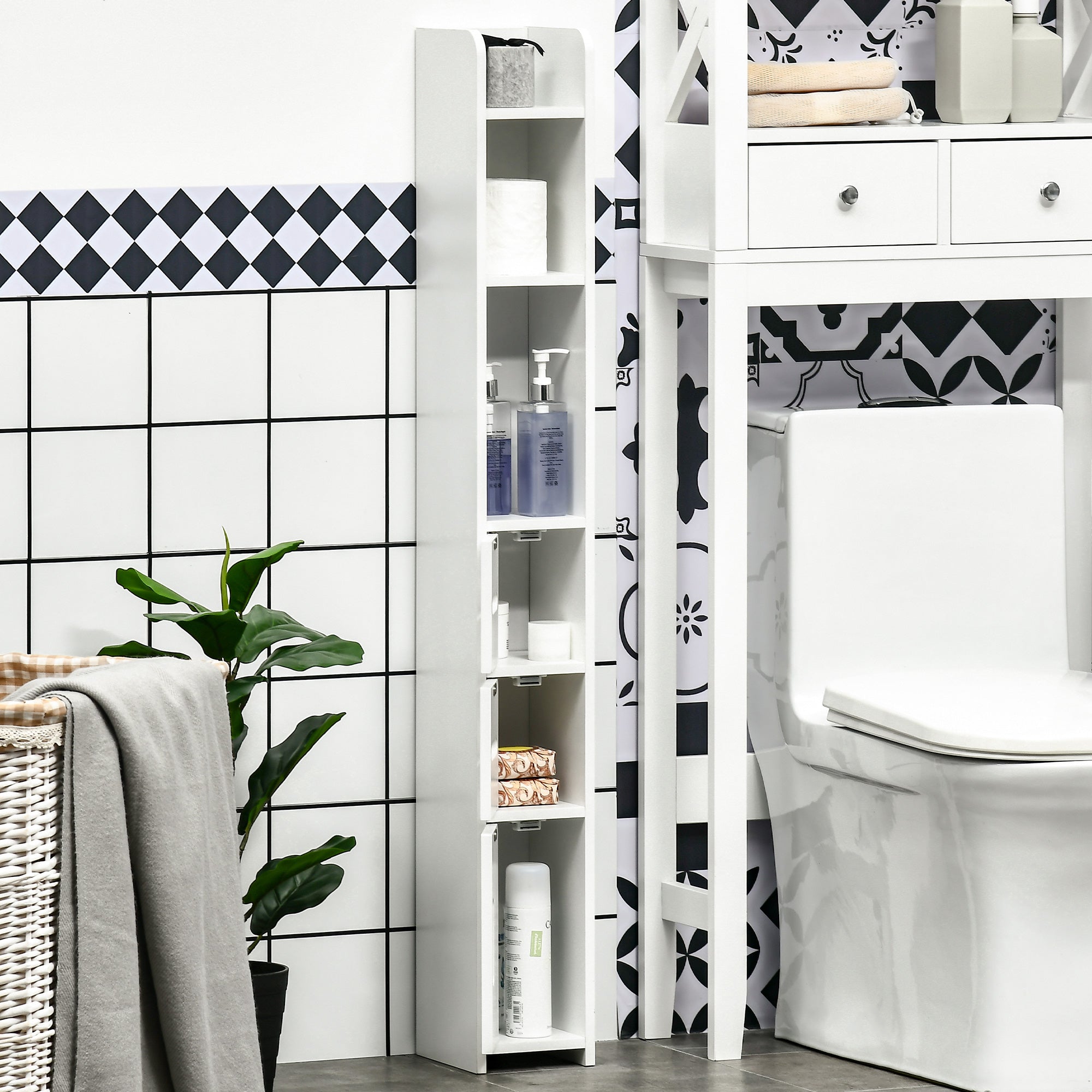 kleankin Modern Bathroom Storage Cabinet, Freestanding Tall Bathroom Cabinet with Open Shelves and 3 Cupboards with Door, for Bedroom Hallway, White - North Peak Garden Furniture