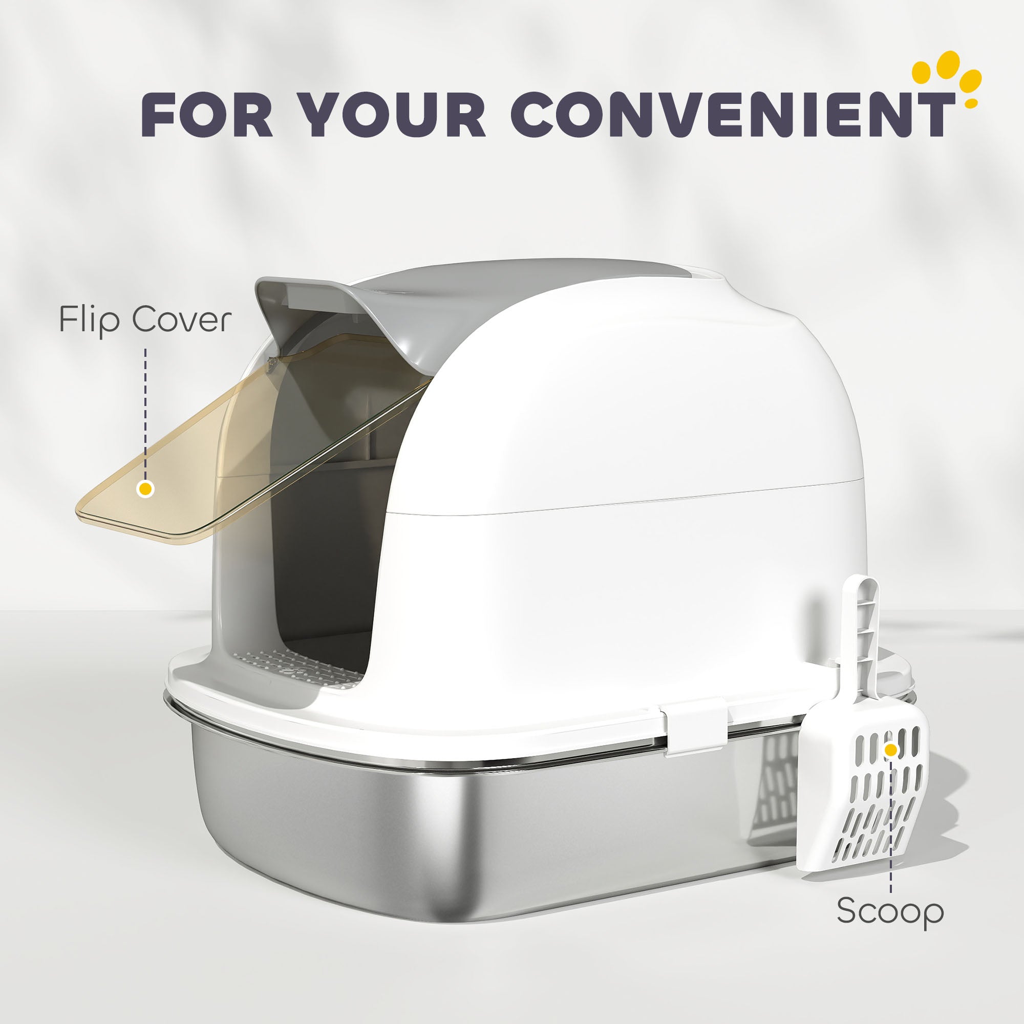 PawHut Stainless Steel Cat Litter Box with Lid, for Cats, Enclosed Cat Litter Box with Flip Cover, Scoop