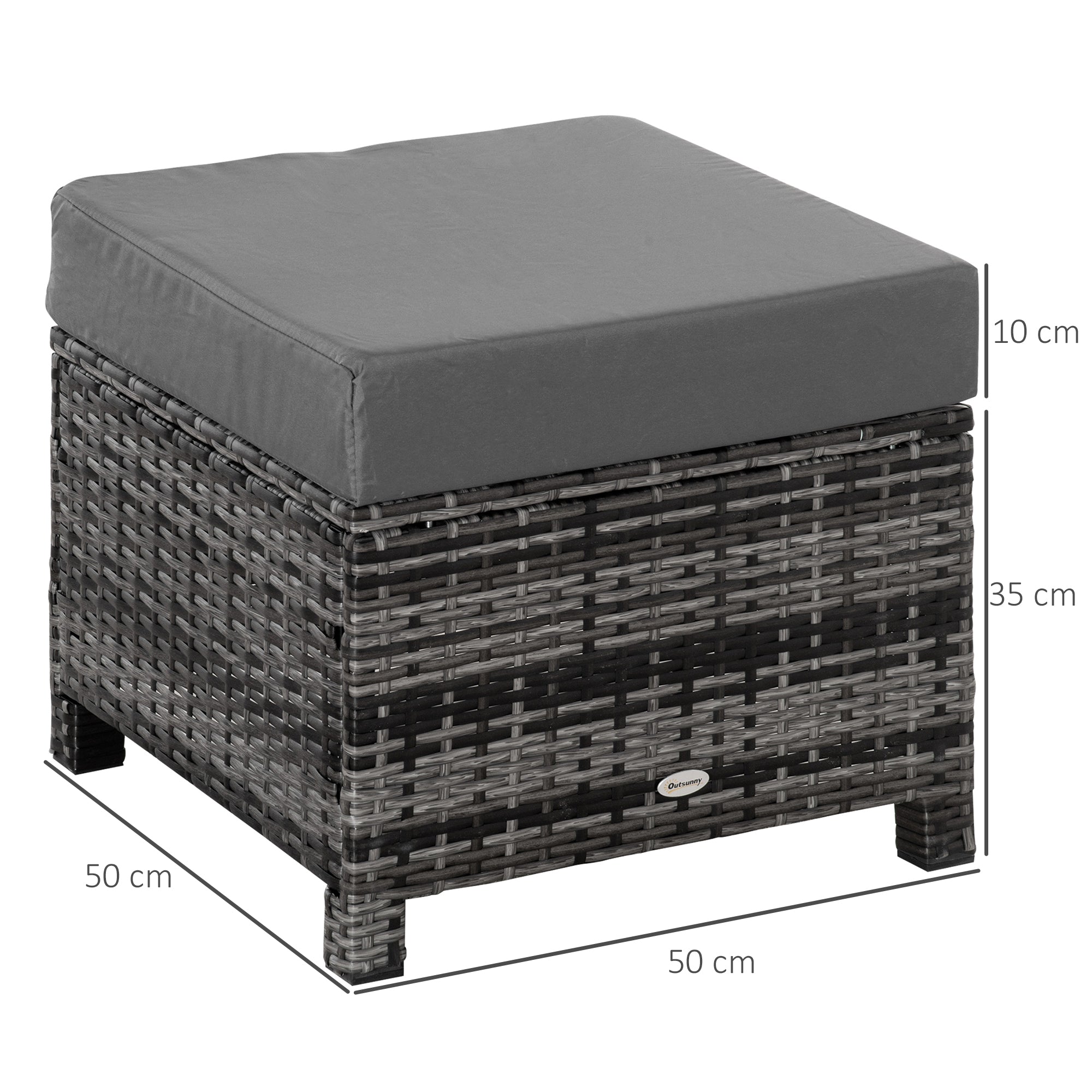Outsunny Rattan Footstool Wicker Ottoman with Padded Seat Cushion Outdoor Patio Furniture for Garden Poolside Living Room, 50 x 50 x 35 cm, Grey - North Peak Garden Furniture