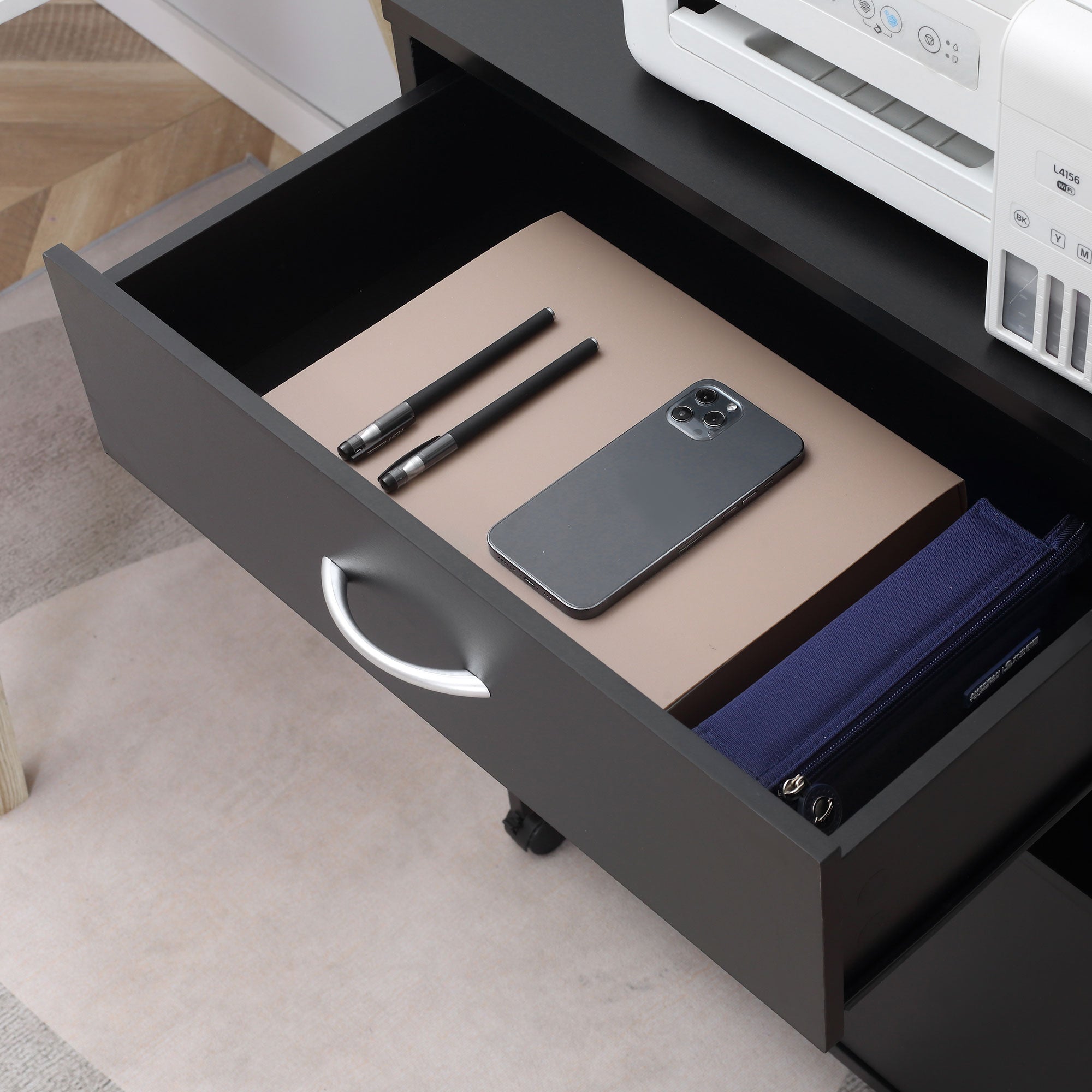 Vinsetto Printer Stand Mobile Printer Cabinet with Storage, Open Shelf, Drawer for Home Office, 60cm x 39cm x 80cm, Black - North Peak Garden Furniture
