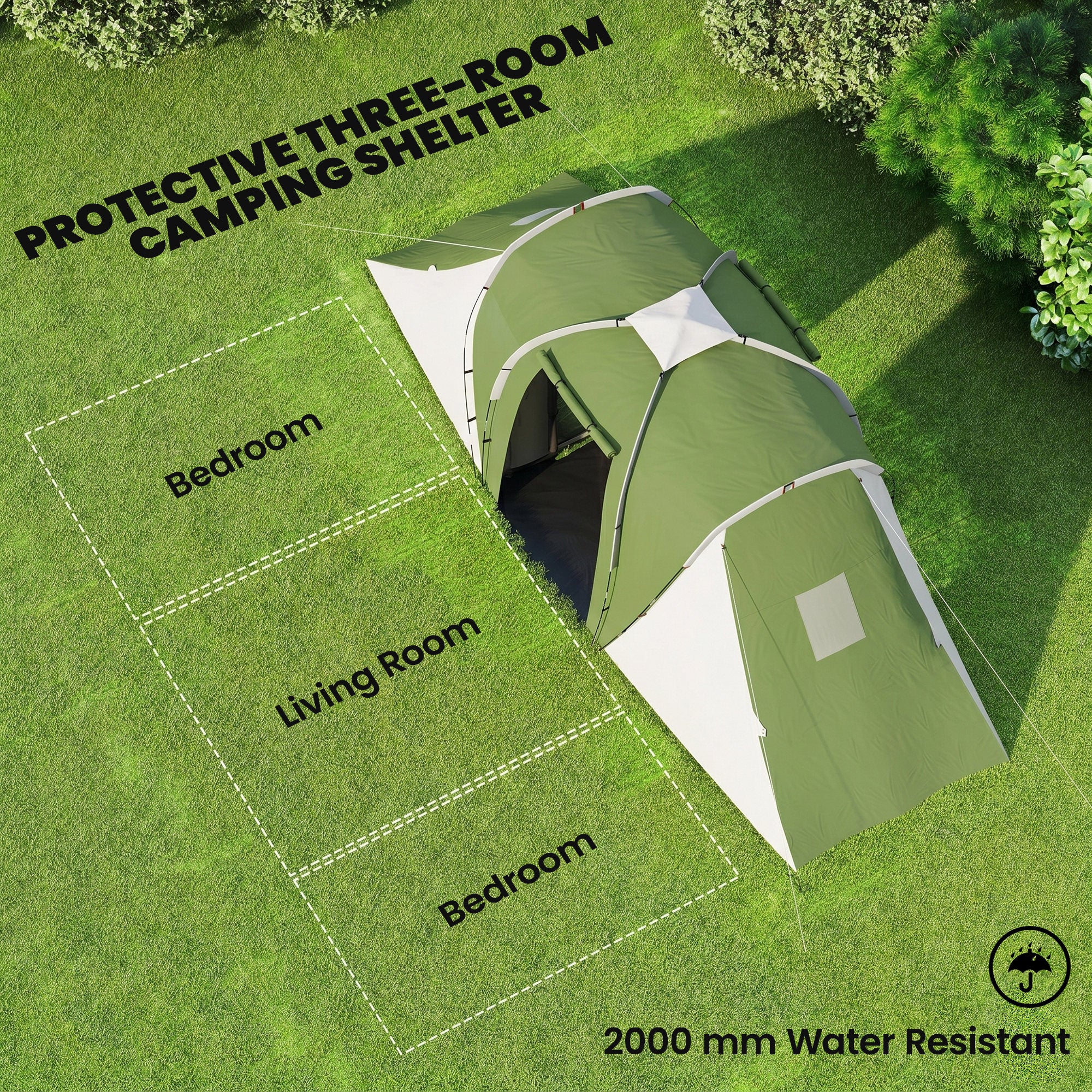 Outsunny Large Camping Tent Tunnel Tent with 2 Bedroom and Living Area, 2000mm Waterproof, Portable with Bag for 4-6 Man, Green