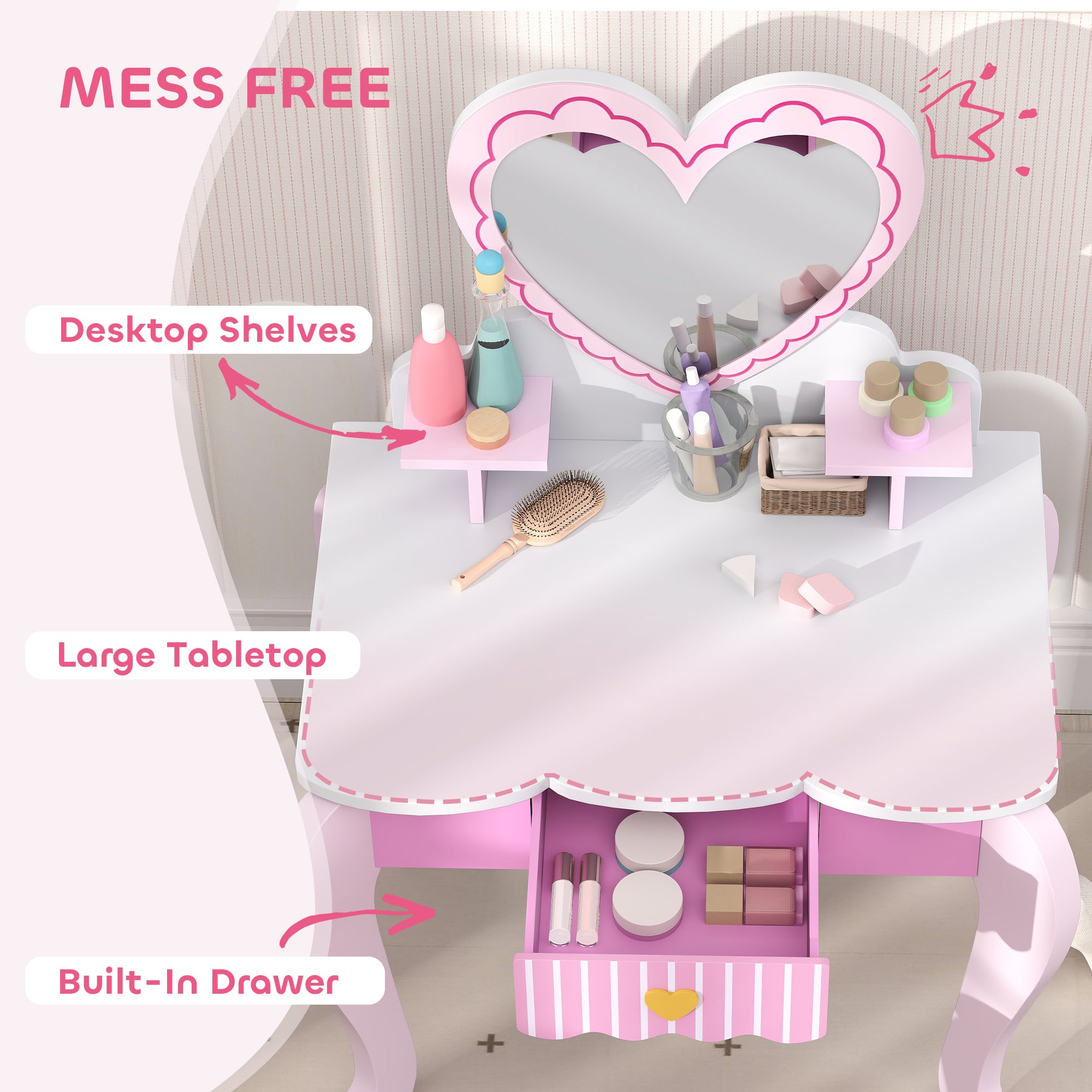 AIYAPLAY Kids Dressing Table Set, Vanity Table with Stool, Mirror, Drawer, Desktop Storage, Heart Theme, Pink - North Peak Garden Furniture
