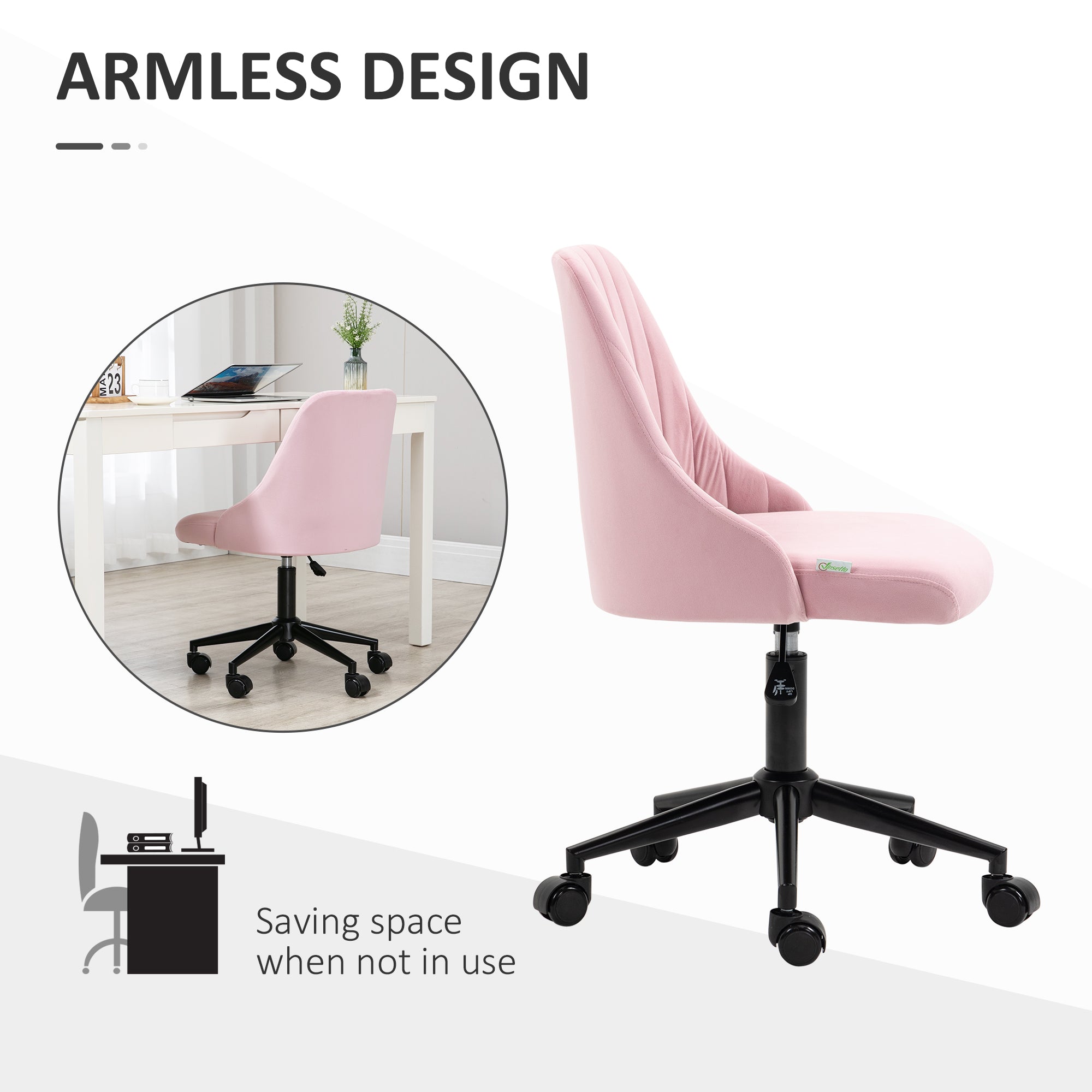 Vinsetto Velvet-Feel Armless Office Chair - Pink - North Peak Garden Furniture