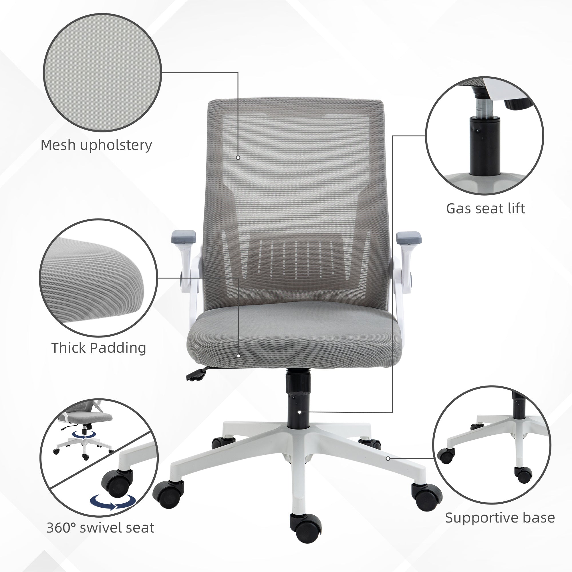 Vinsetto Mesh Office Chair, Desk Chair with Lumbar Support, Flip-up Armrest, Swivel Wheels, Adjustable Height, Grey - North Peak Garden Furniture