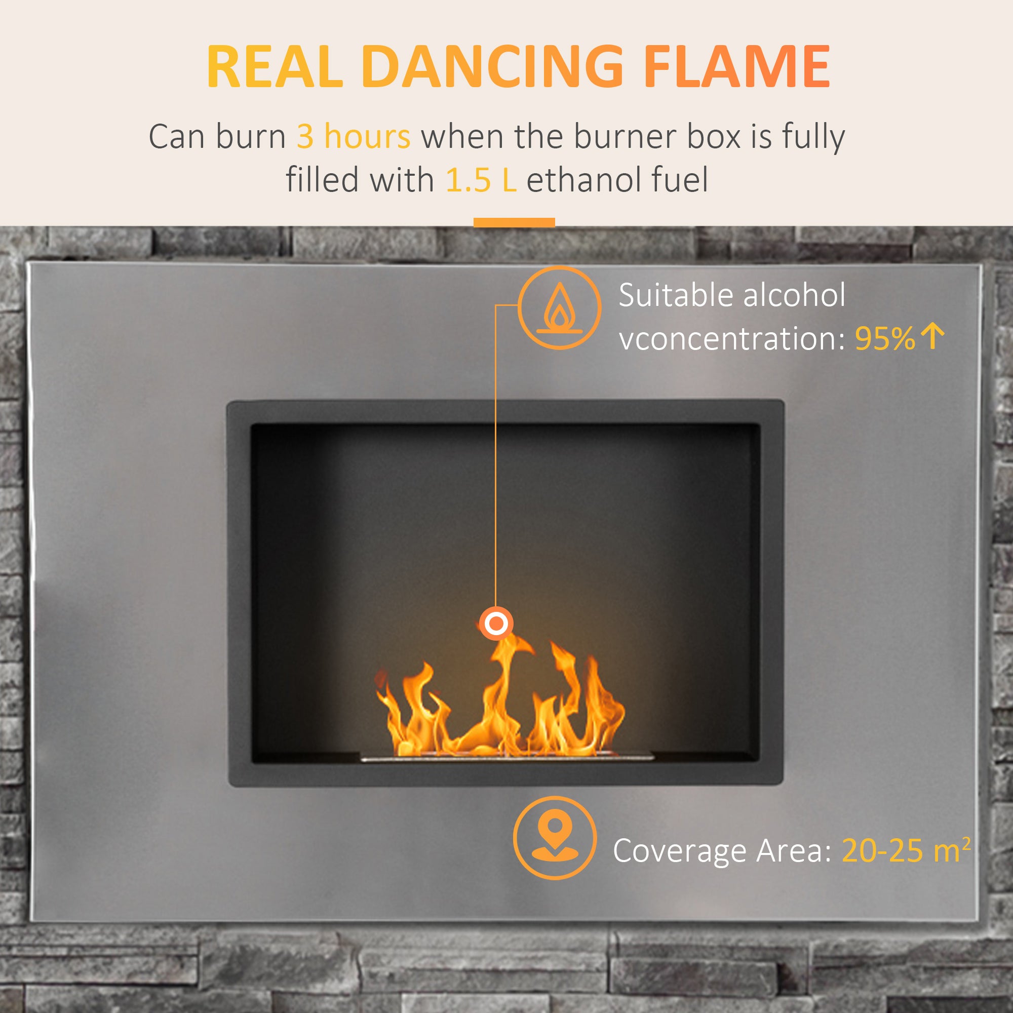 HOMCOM Wall Mounted Ethanol Fireplace, Stainless Steel Bioethanol Heater Stove Fire with 1.5L Tank, 3 Hour Burning Time, Silver - North Peak Garden Furniture
