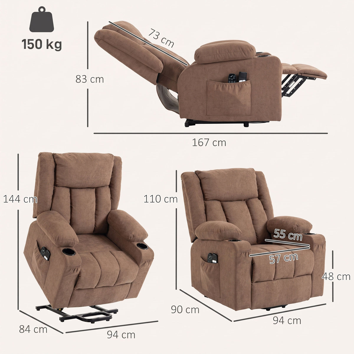HOMCOM Dual Motor Recliner Chair, 55° Electric Lift Chair for Elderly, Recliner Armchair with Massage and Heat, Brown