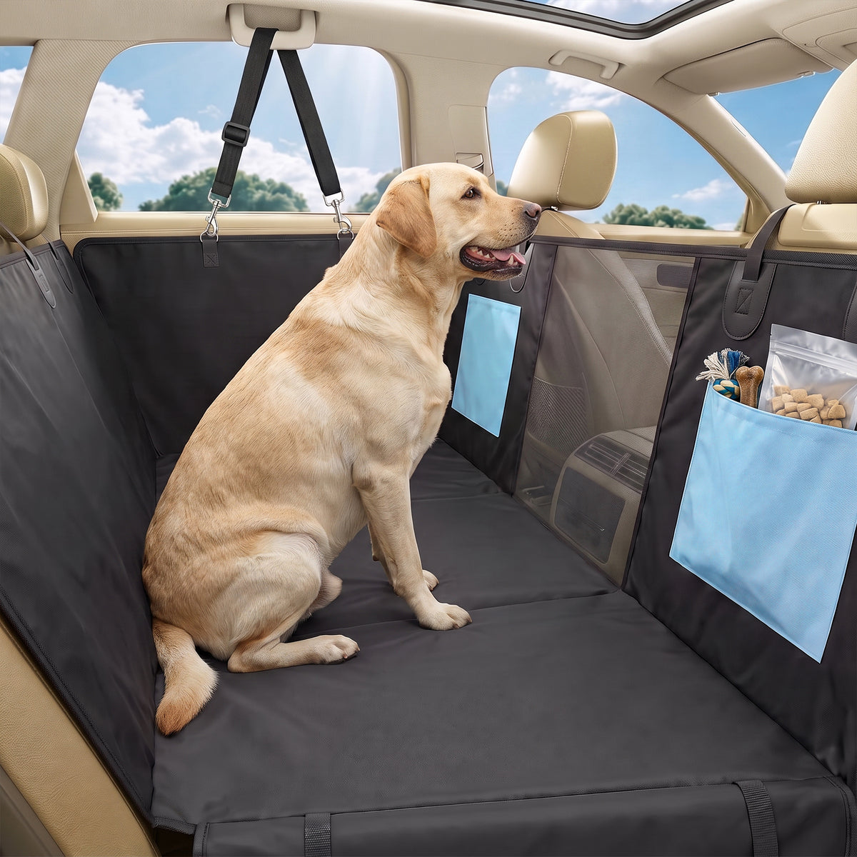 PawHut Dog Car Seat Cover, Waterproof Dog Travel Hammock w/ Non-Slip & Anti-Scratch Surface, Mesh Window and Pockets, Blue