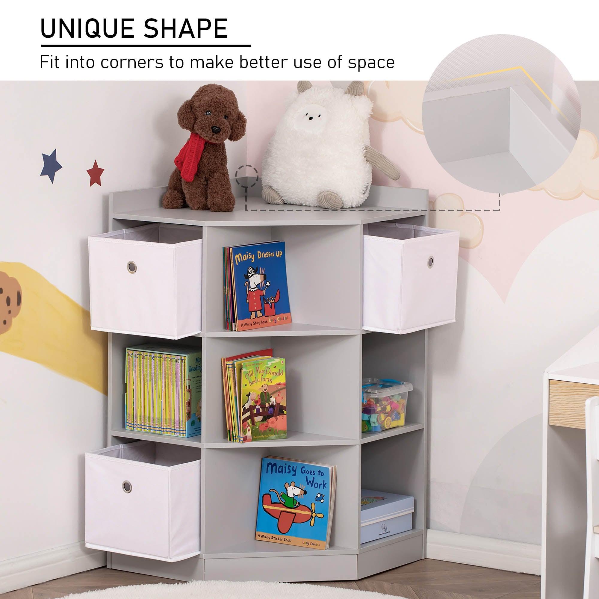 HOMCOM Kids Storage Cabinet Corner Toy Storage Organizer Children Bookcase Rack for Children's Play Room/Bedroom with Anti-tipping Hardware Drawers, Grey - North Peak Garden Furniture