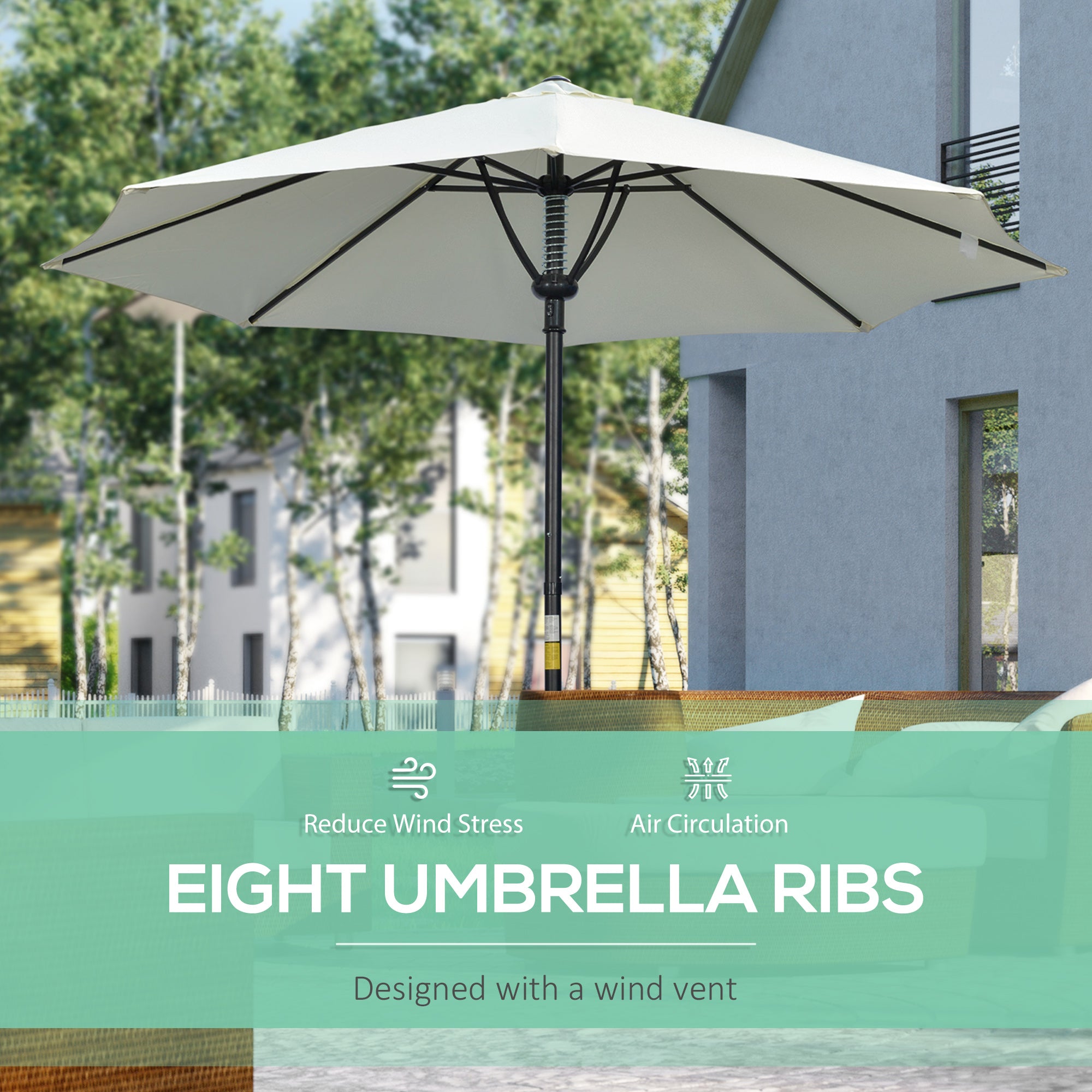 Outsunny Garden 3(m) Parasol Umbrella, Outdoor Market Table Umbrella Sun Shade Canopy with 8 Ribs, Easy Push to Open, Cream