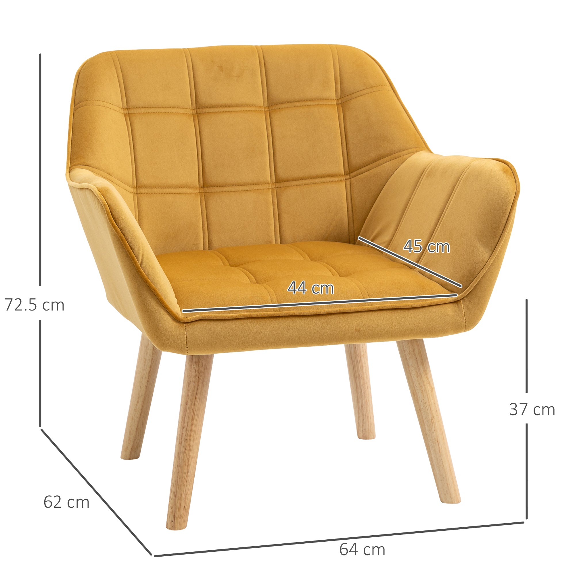 HOMCOM Armchair Accent Chair, Vanity Chair with Wide Arms, Slanted Back, Padding, Metal Frame, Wooden Legs, Home Bedroom Furniture Seating, Set of 2, Yellow - North Peak Garden Furniture