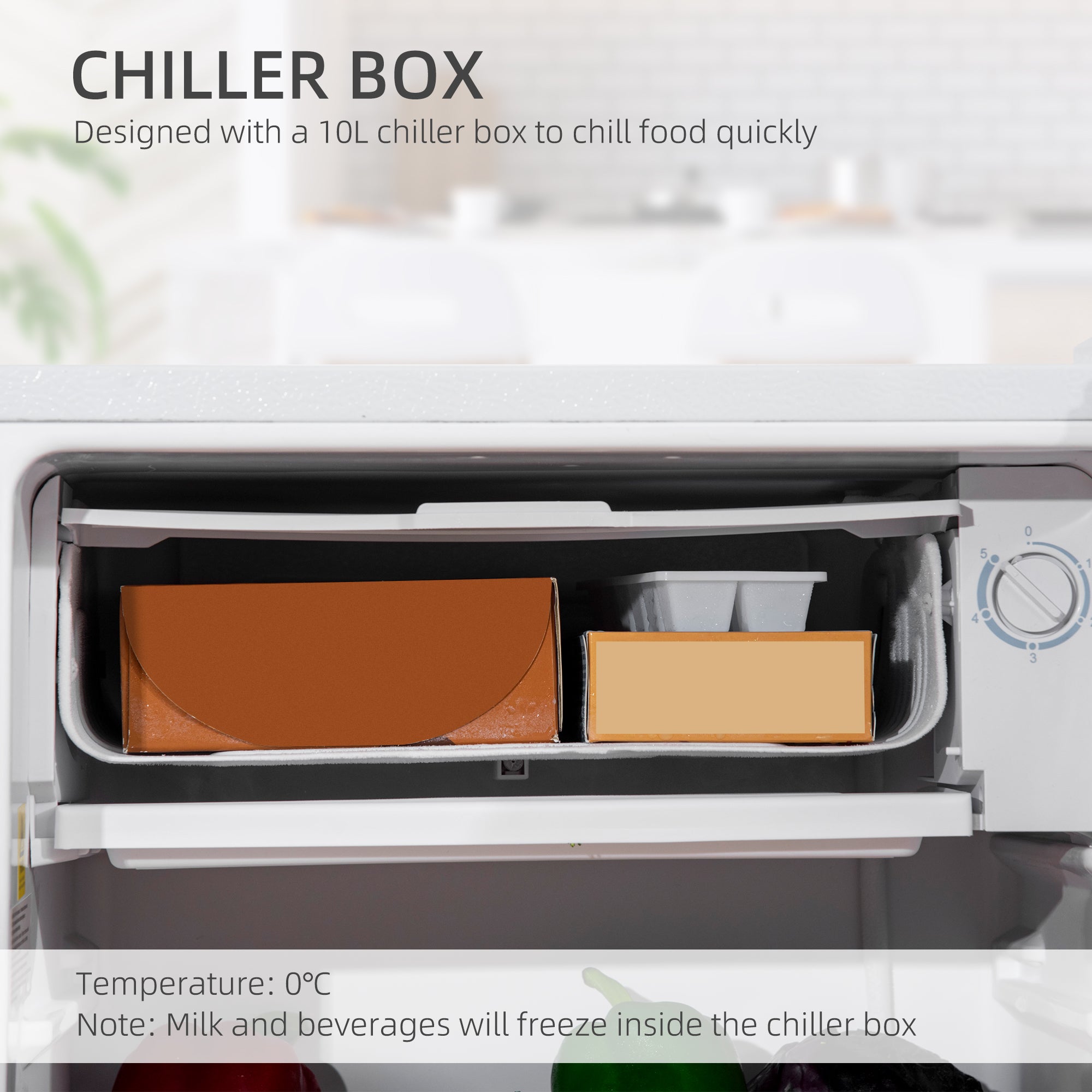 HOMCOM 91 Litre Freestanding Under Counter Fridge Freezer with Chiller Box, Reversible Door, Adjustable Thermostat, 47.5cm Wide, Noise Level: Decibels 40, White - North Peak Garden Furniture