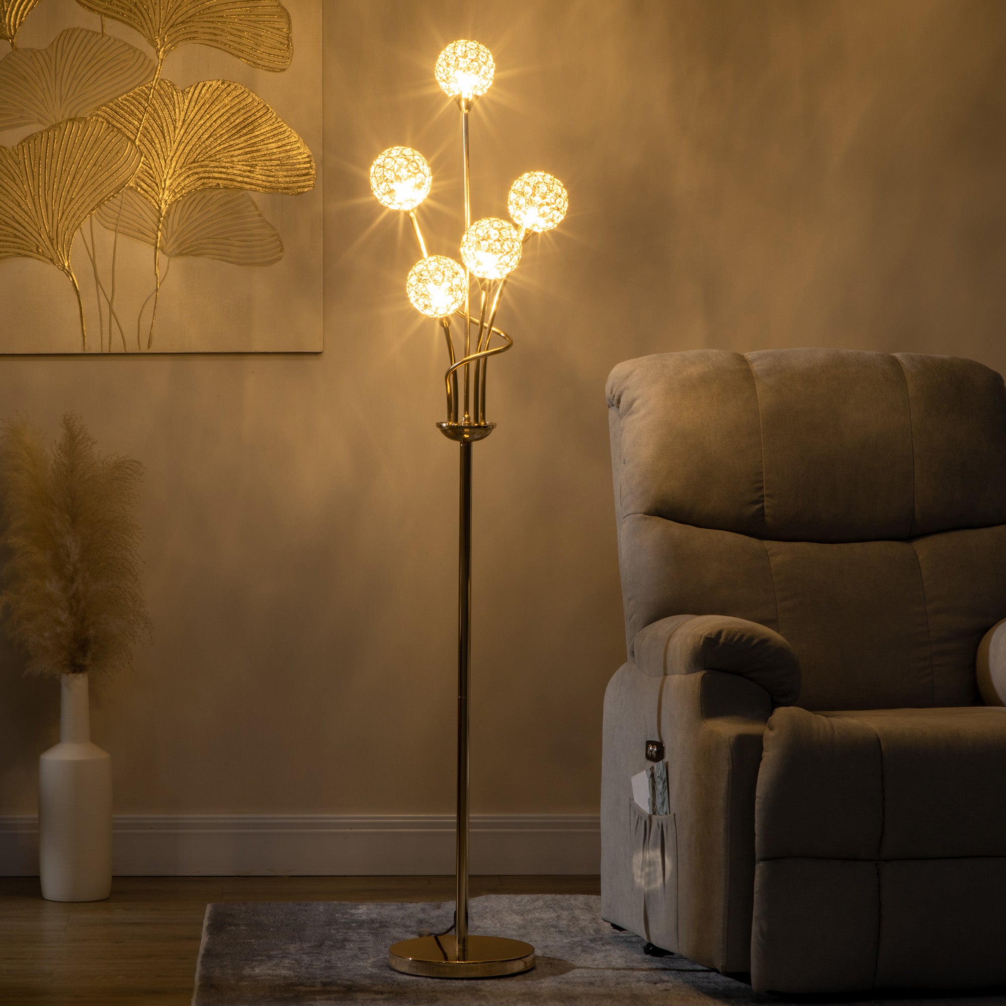 HOMCOM Crystal Floor Lamps for Living Room Bedroom with 5 Light, Modern Upright Standing Lamp, 34x25x156cm, Gold Tone - North Peak Garden Furniture