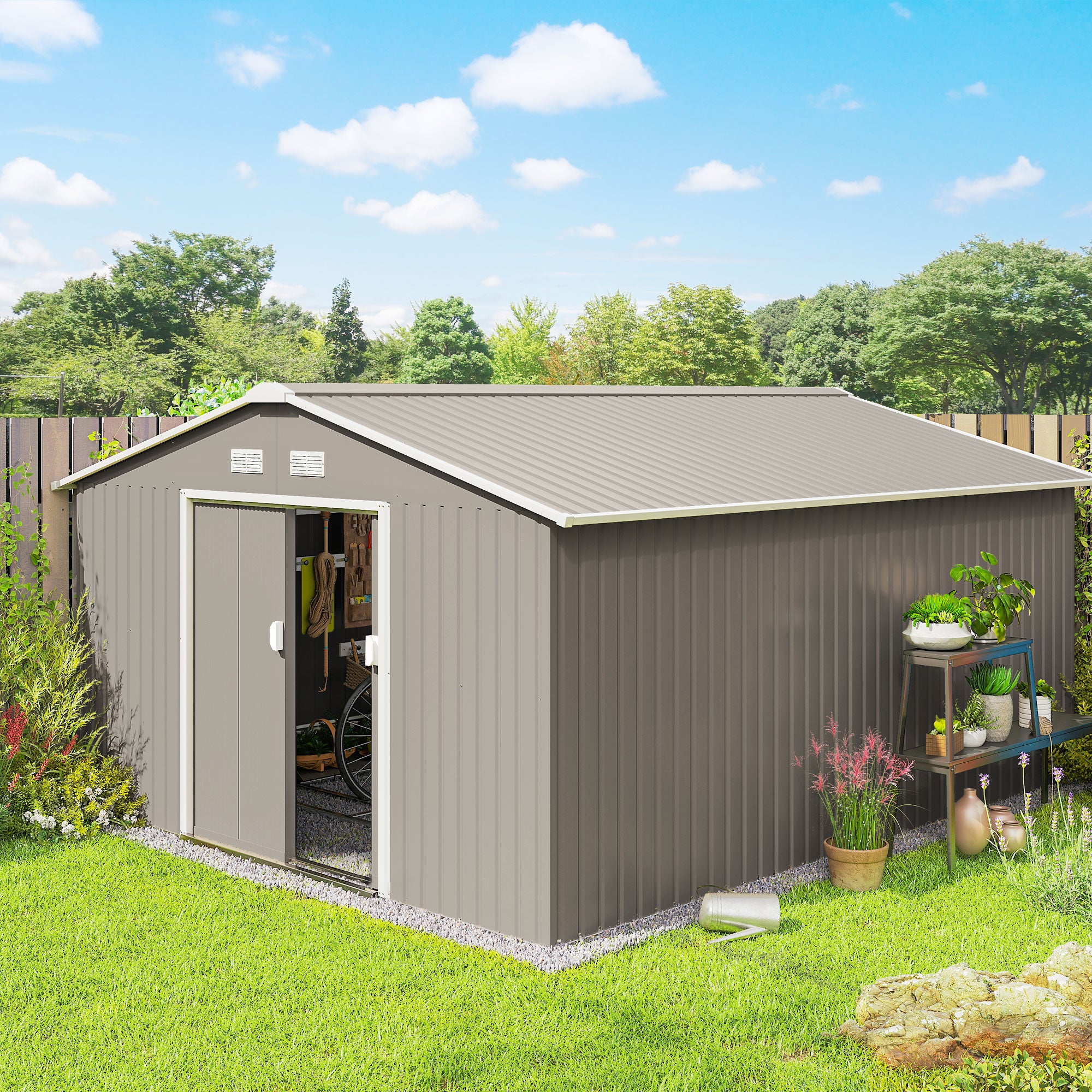 Outsunny 13 x 11ft Garden Metal Storage Shed Outdoor Storage Shed with Foundation Kit Ventilation & Doors, Light Grey