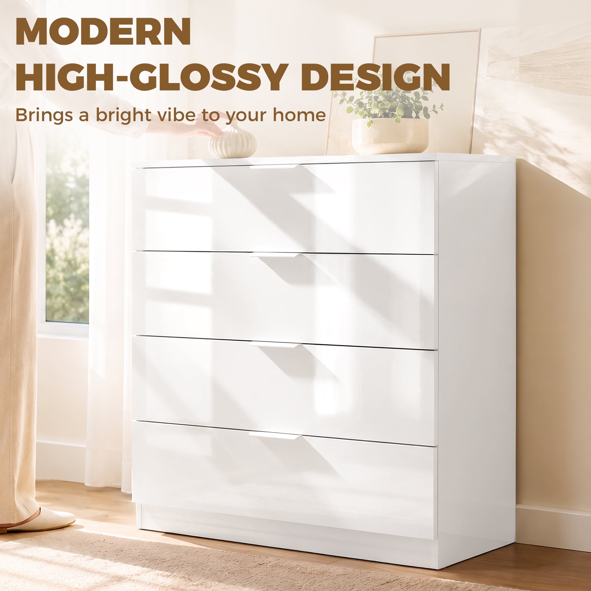 HOMCOM High Gloss 4-Drawer Chest of Drawers, Space-Saving Bedroom Storage Unit with Smooth Runners, White