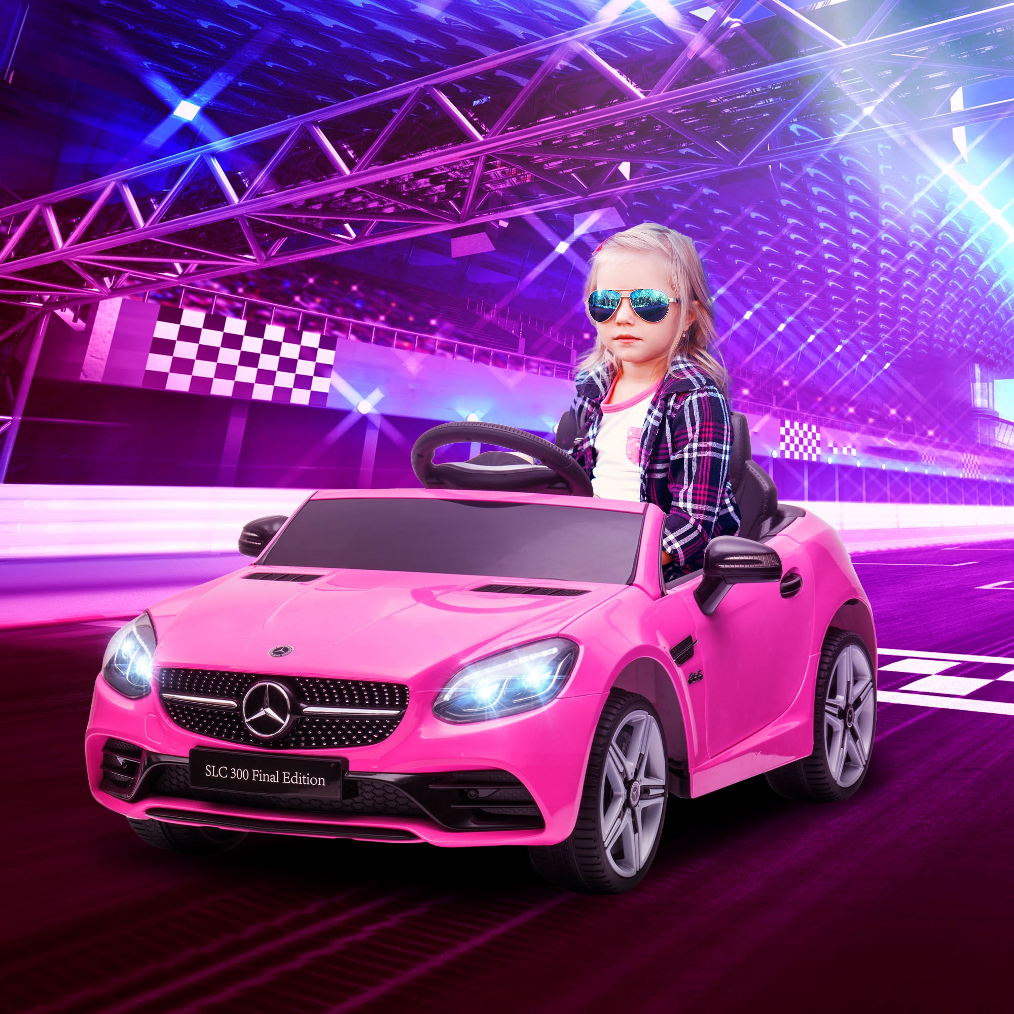 AIYAPLAY Benz SLC 300 Licensed 12V Kids Electric Ride On Car with Parental Remote Two Motors Music Lights Suspension Wheels for 3-6 Years Pink - North Peak Garden Furniture