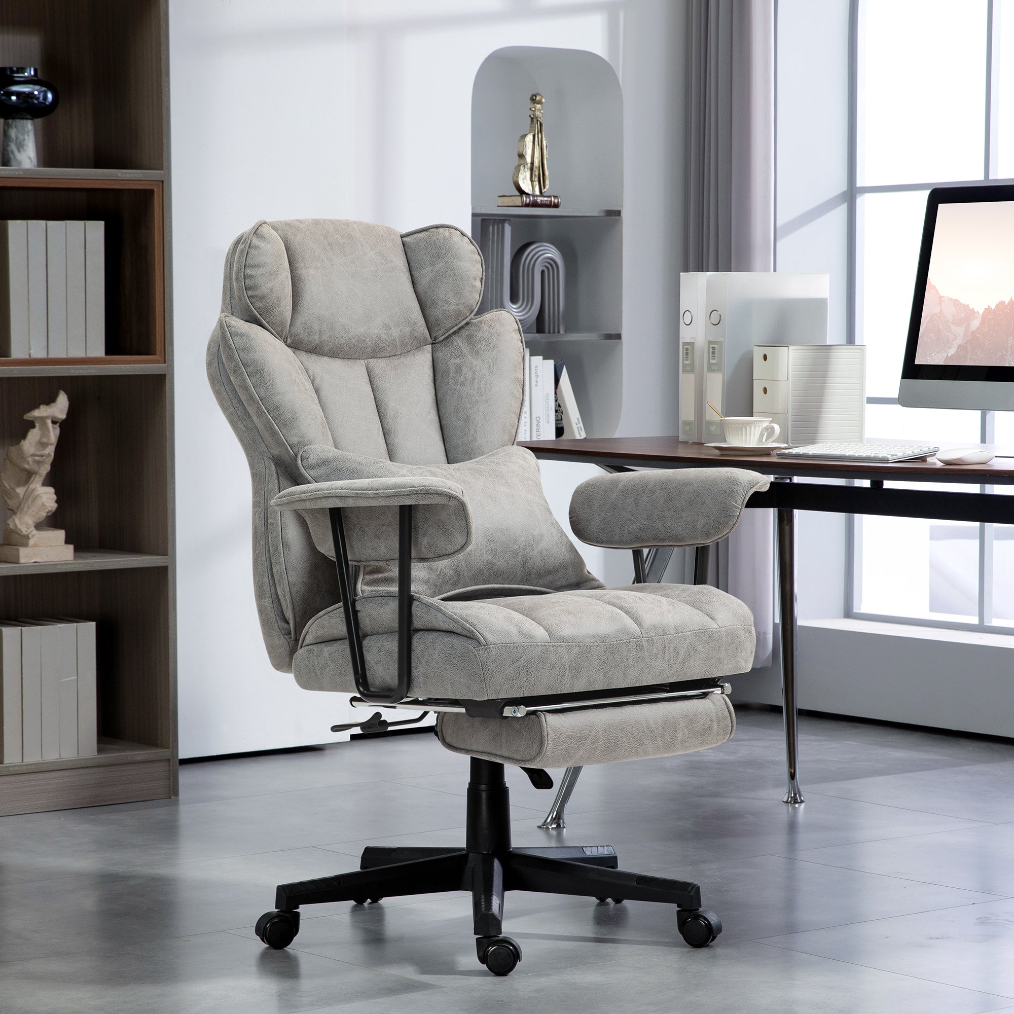 HOMCOM Massage Office Chair with 6 Point Massage and Heat, Desk Chair with Footrest, Reclining Backrest, Swivel Wheels, Adjustable Height, Grey