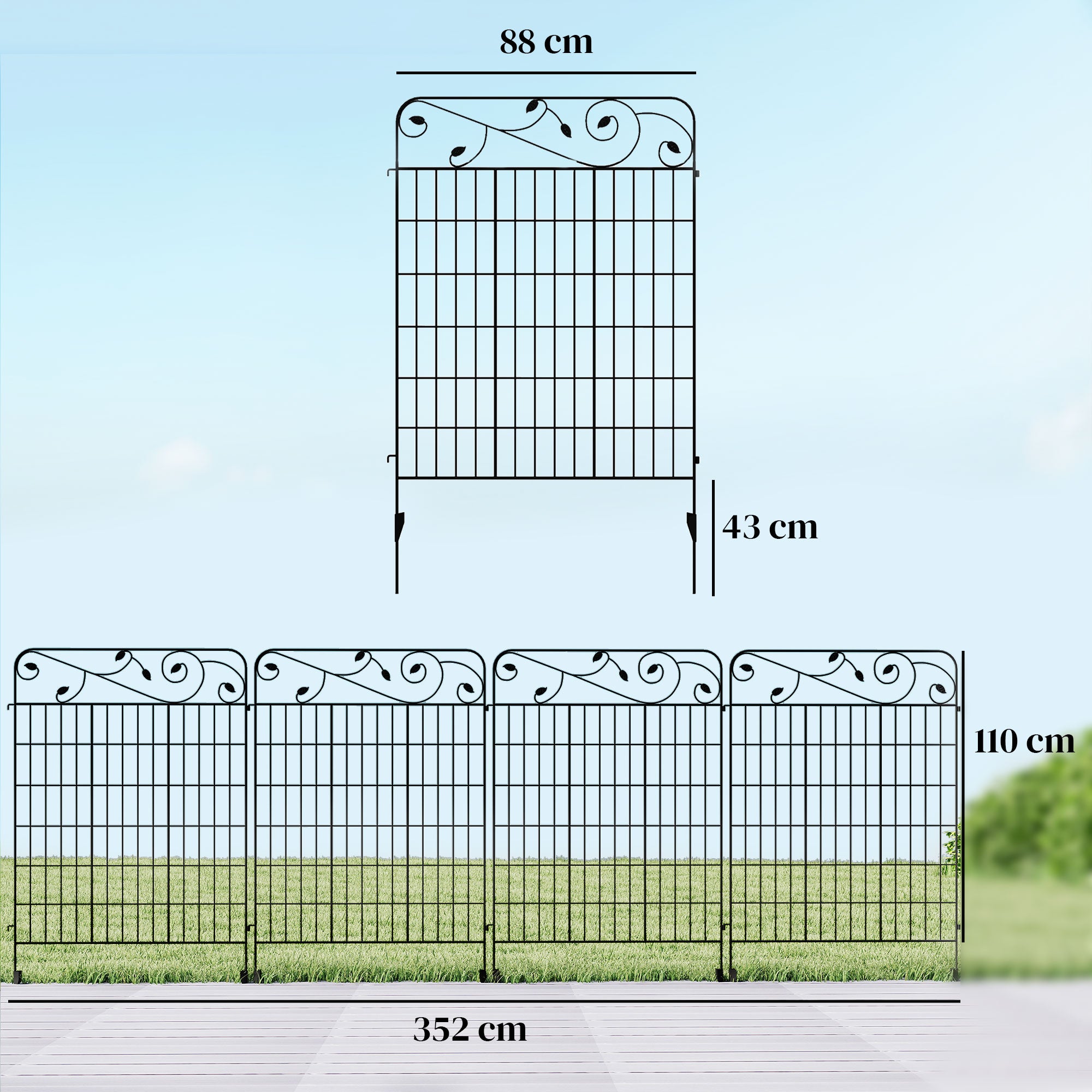 Outsunny Decorative Garden Fencing, 4PCs 43in x 11.5ft Outdoor Picket Fence Panels, Rustproof Metal Wire Landscape Flower Bed Border Edging Animal Barrier, Black