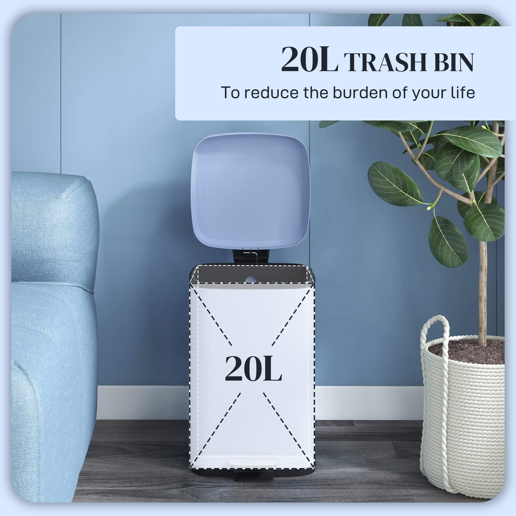 HOMCOM 20L Modern Boxy Metal Home Kitchen Bin - Light Blue - North Peak Garden Furniture
