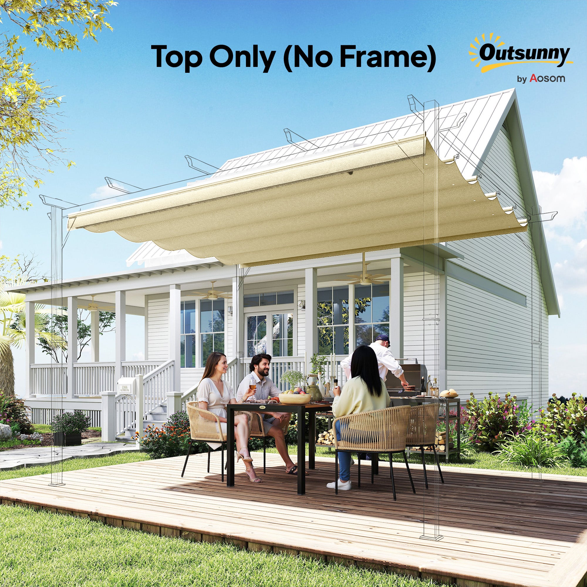 Outsunny Retractable Pergola Shade Cover, Replacement Canopy for 4 x 3 (m) Pergola, Retractable Roof, Cream White