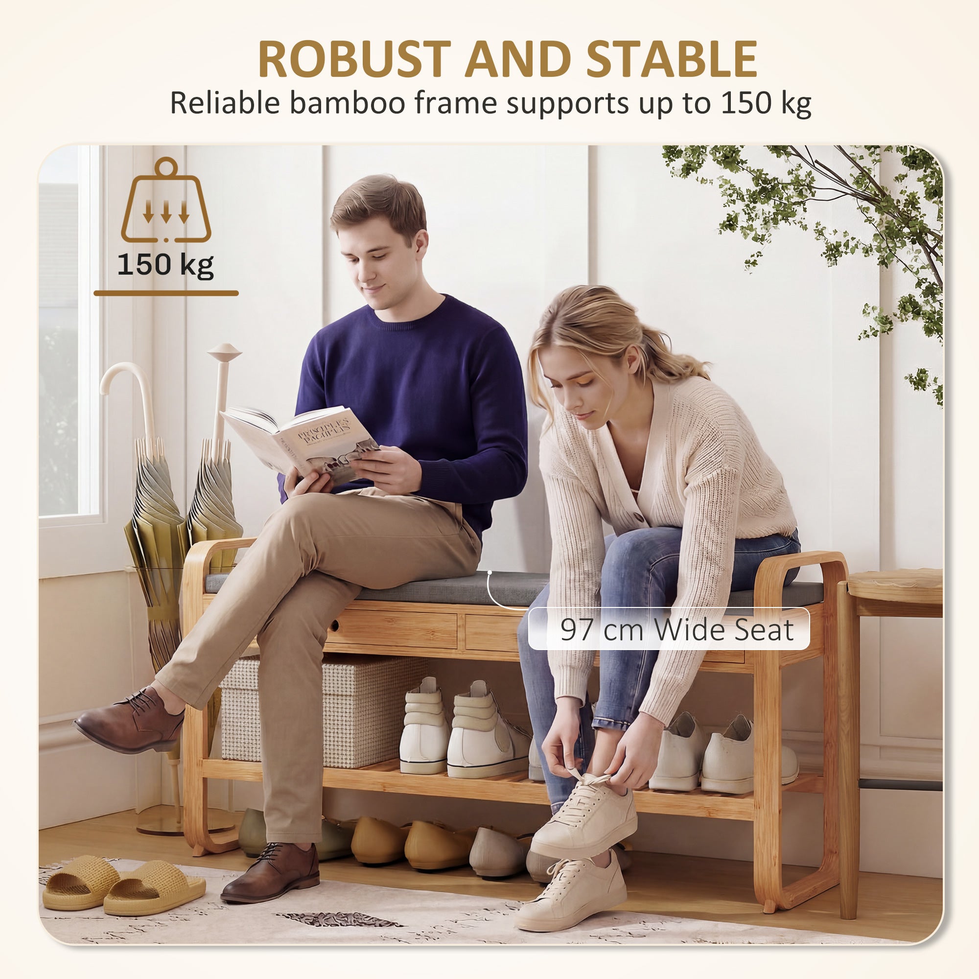 HOMCOM Shoe Bench with 2 Drawers Cushioned Seat Shoe Storage Bench for Hallway 105 cm Natural and Grey