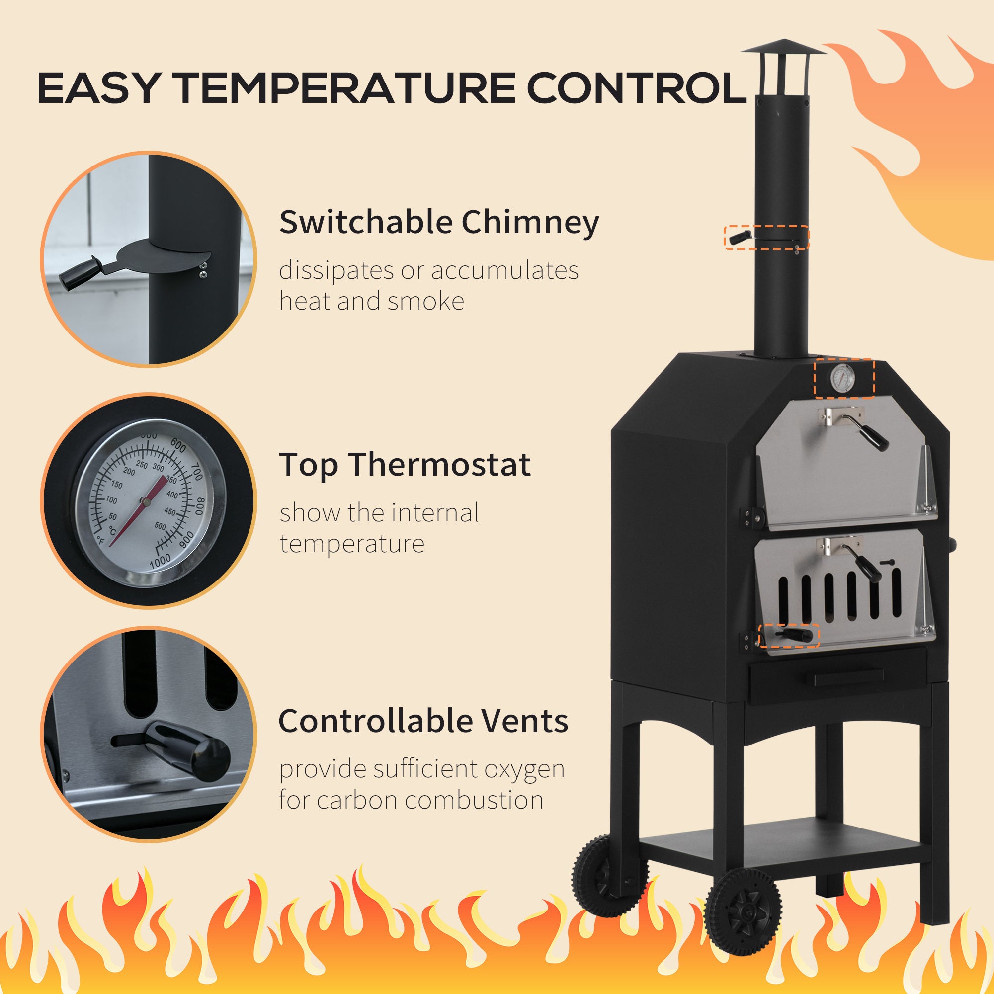 Outsunny Outdoor Garden Pizza Oven Charcoal BBQ Grill 3-Tier Freestanding w/ Chimney, Mesh Shelf, Thermometer Handles, Wheels Garden Party Gathering Stainless Steel Cooker - North Peak Garden Furniture