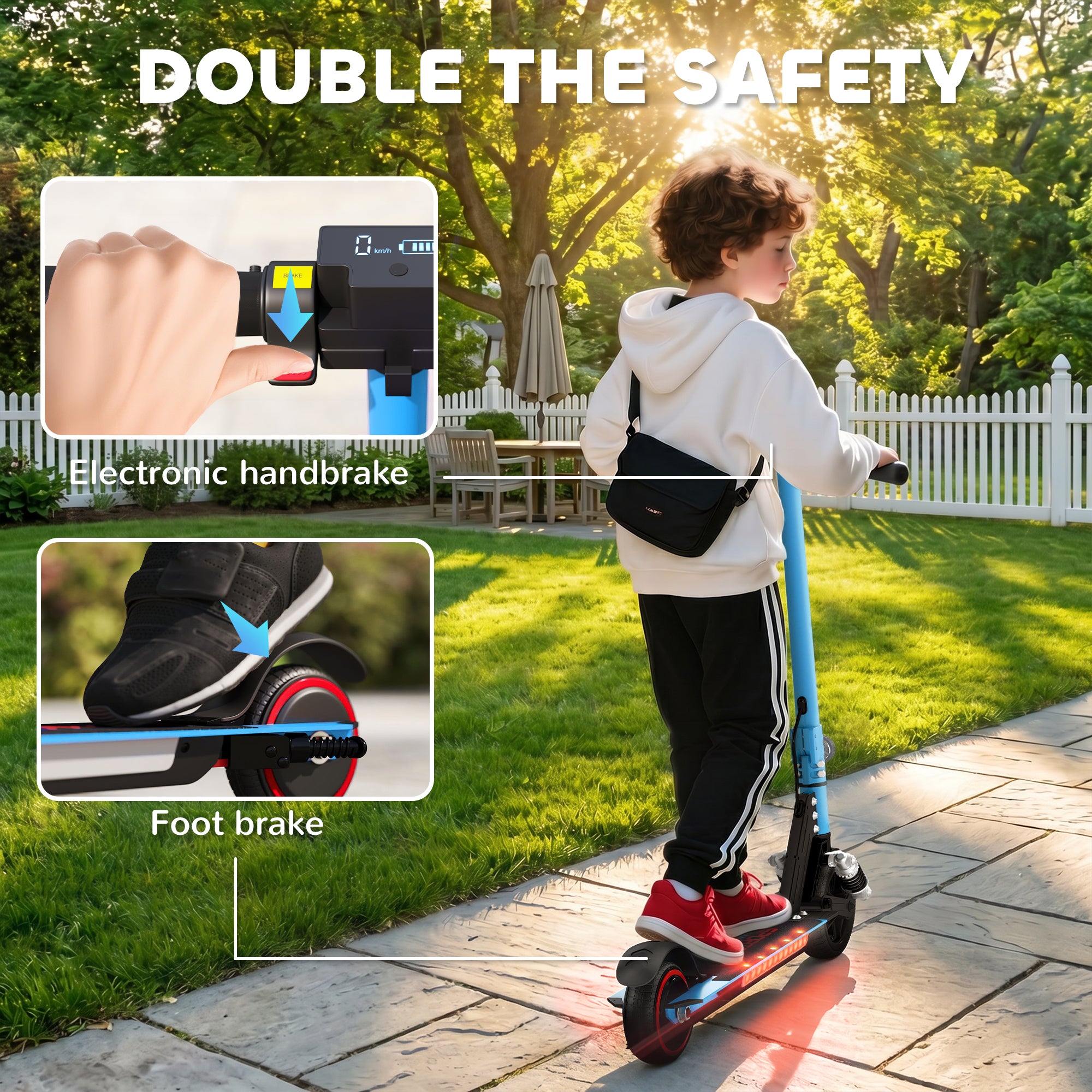 SPORTNOW Folding Electric Scooter for Kids Age 6-14 with Dual Brakes, Front Suspension, LED Colourful Lights and Display, 6.8kg Lightweight Aluminium E Scooter, Up to 14 KM/H & 6 KM, Blue