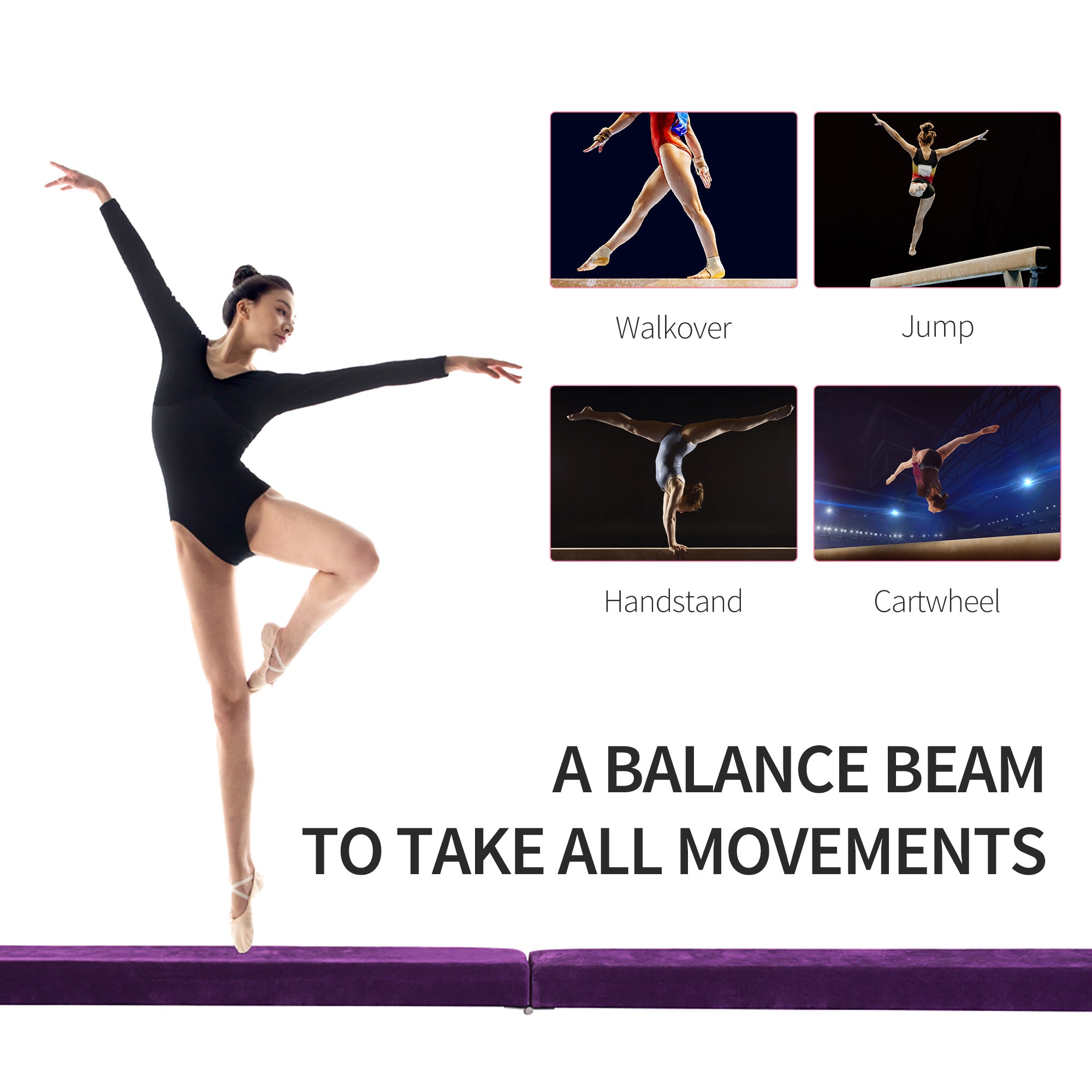 HOMCOM 2.4M 8FT Gymnastics Folding Balance Beam Home Gym Training Exercise Sports - Purple