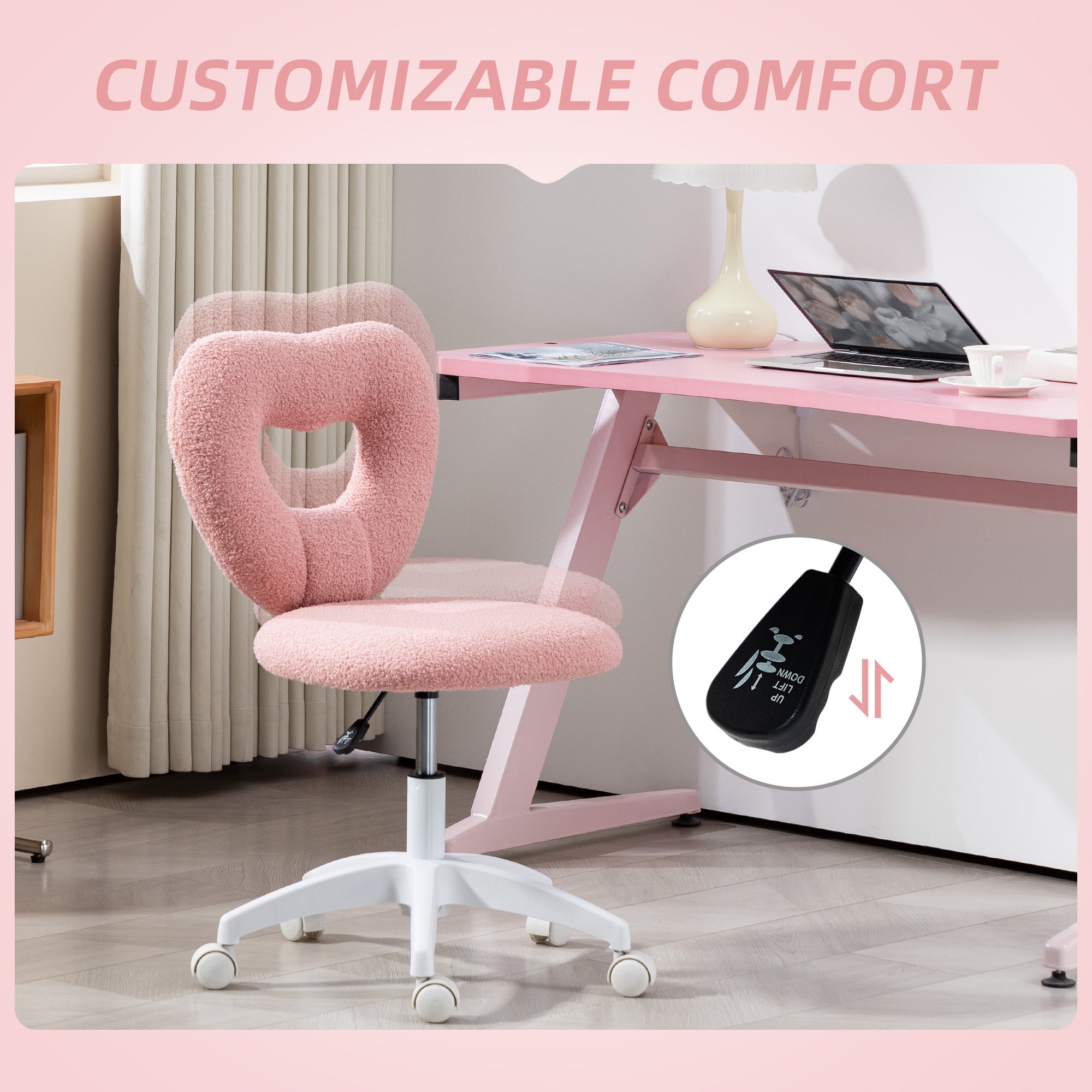 HOMCOM Armless Heart Computer Desk Chair, Teddy Fleece Swivel Office Chair, Makeup Vanity Chair with Height Adjustable, Wheels, for Home Study Bedroom, Pink - North Peak Garden Furniture