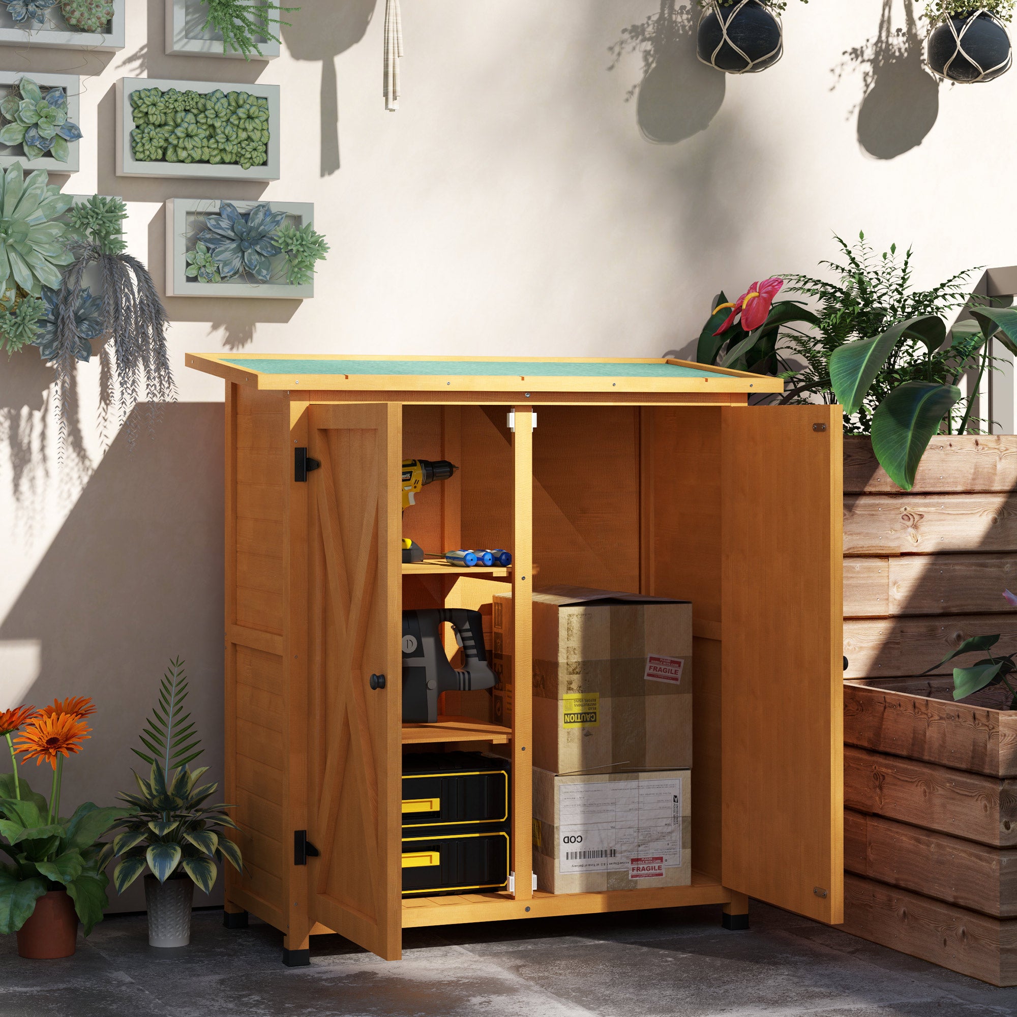 Outsunny 46.5 x 97cm Compact Wooden Storage Shed - Yellow - North Peak Garden Furniture