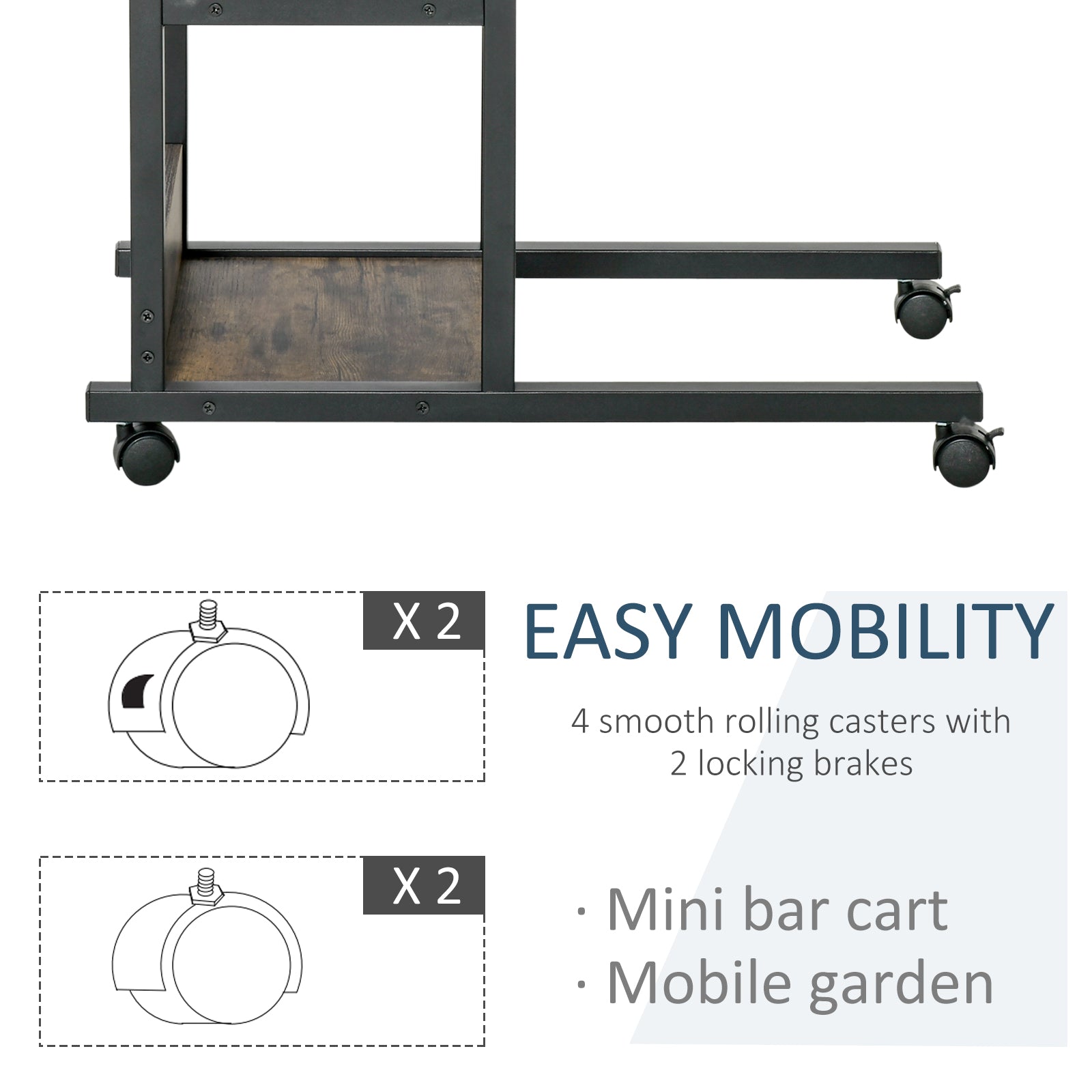 HOMCOM C-Shaped Side Table Industrial Mobile Rolling End Desk with 3-Tier Storage Shelving, Adjustable Height, Wheels - North Peak Garden Furniture