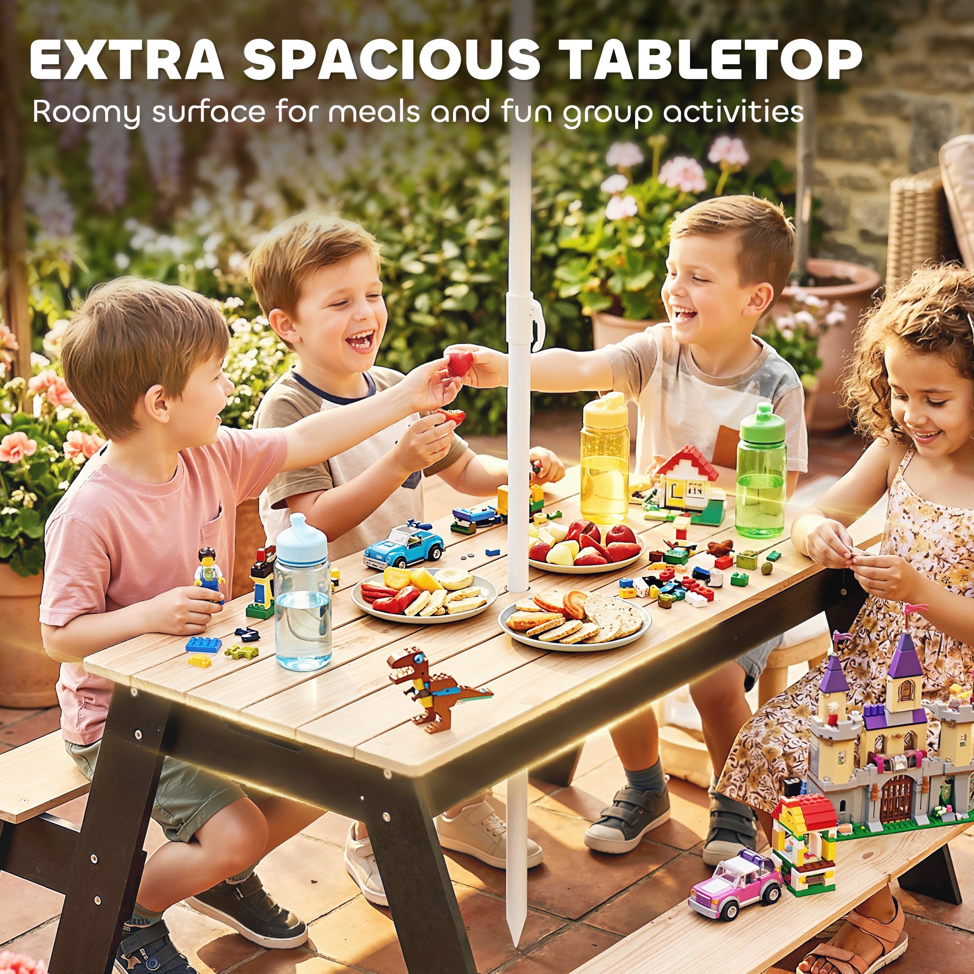 AIYAPLAY Kids Garden Furniture with Parasol, 3 in 1 Wooden Sand and Water Table with 2 Hidden Play Boxes for Patio, Ages 3-6