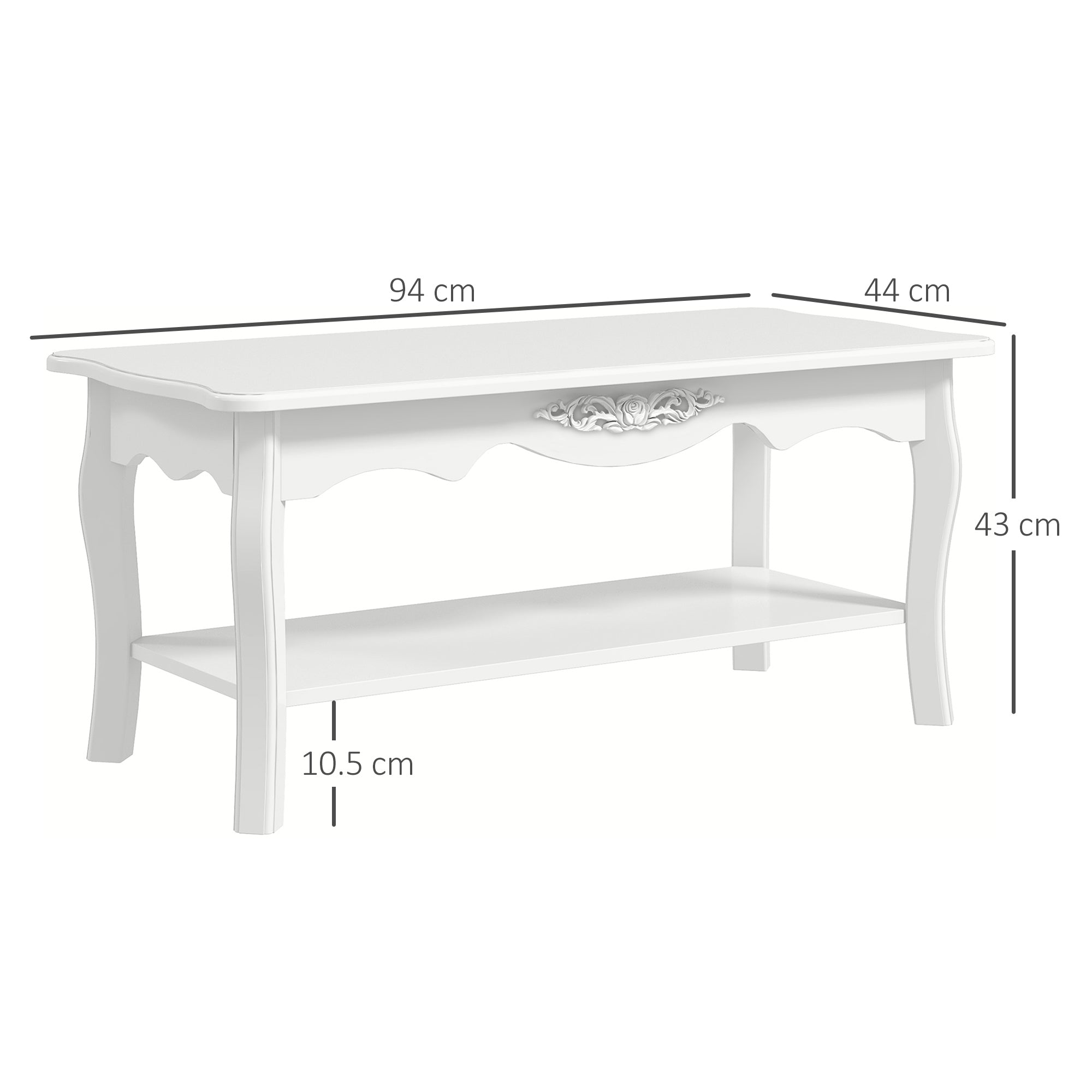 HOMCOM White Coffee Table Wood Cocktail Tea Centre Table with Storage Shelf for Living Room Reception Room, 94L x 44W x 42H cm - North Peak Garden Furniture