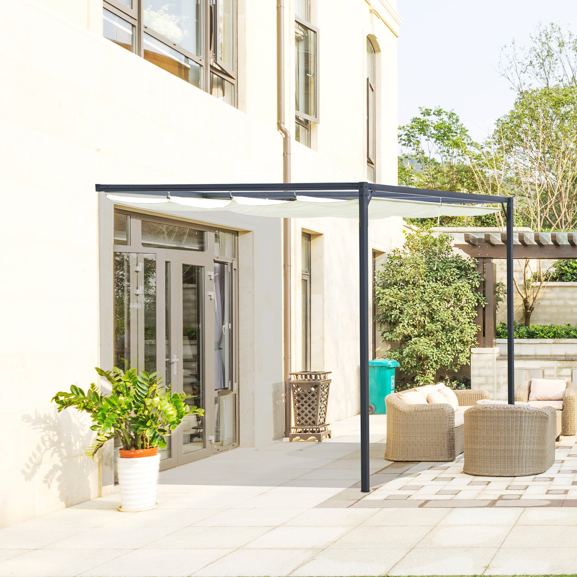 Outsunny 3 x 3(m) Outdoor Pergola Retractable Canopy Wall Mounted Gazebo Patio Shelter Sun Shade, Cream White - North Peak Garden Furniture
