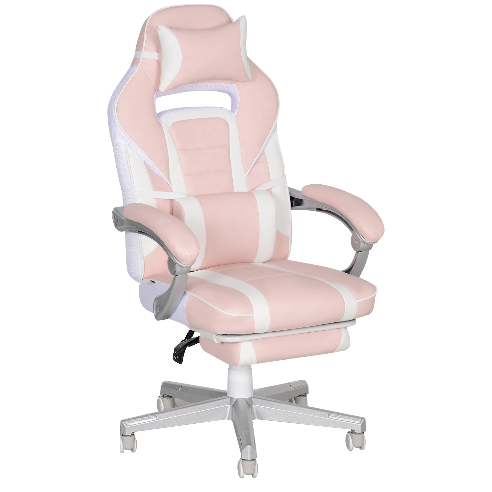 HOMCOM Faux Leather Reclining Gaming Chair, with Footrest - Pink/White - North Peak Garden Furniture