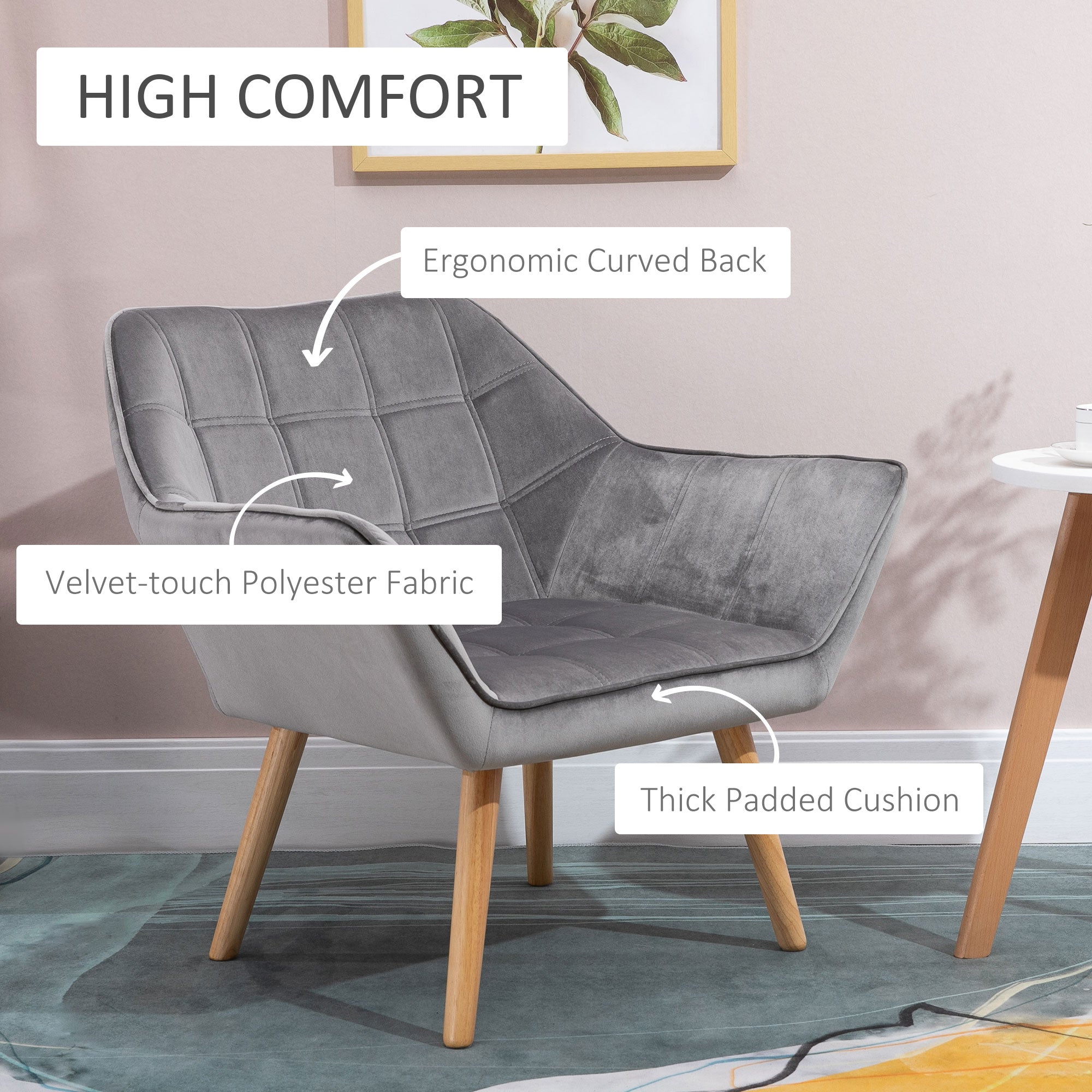 HOMCOM Armchair Accent Chair, Vanity Chair with Wide Arms, Slanted Back, Padding, Metal Frame, Wooden Legs, Home Bedroom Furniture Seating, Grey - North Peak Garden Furniture