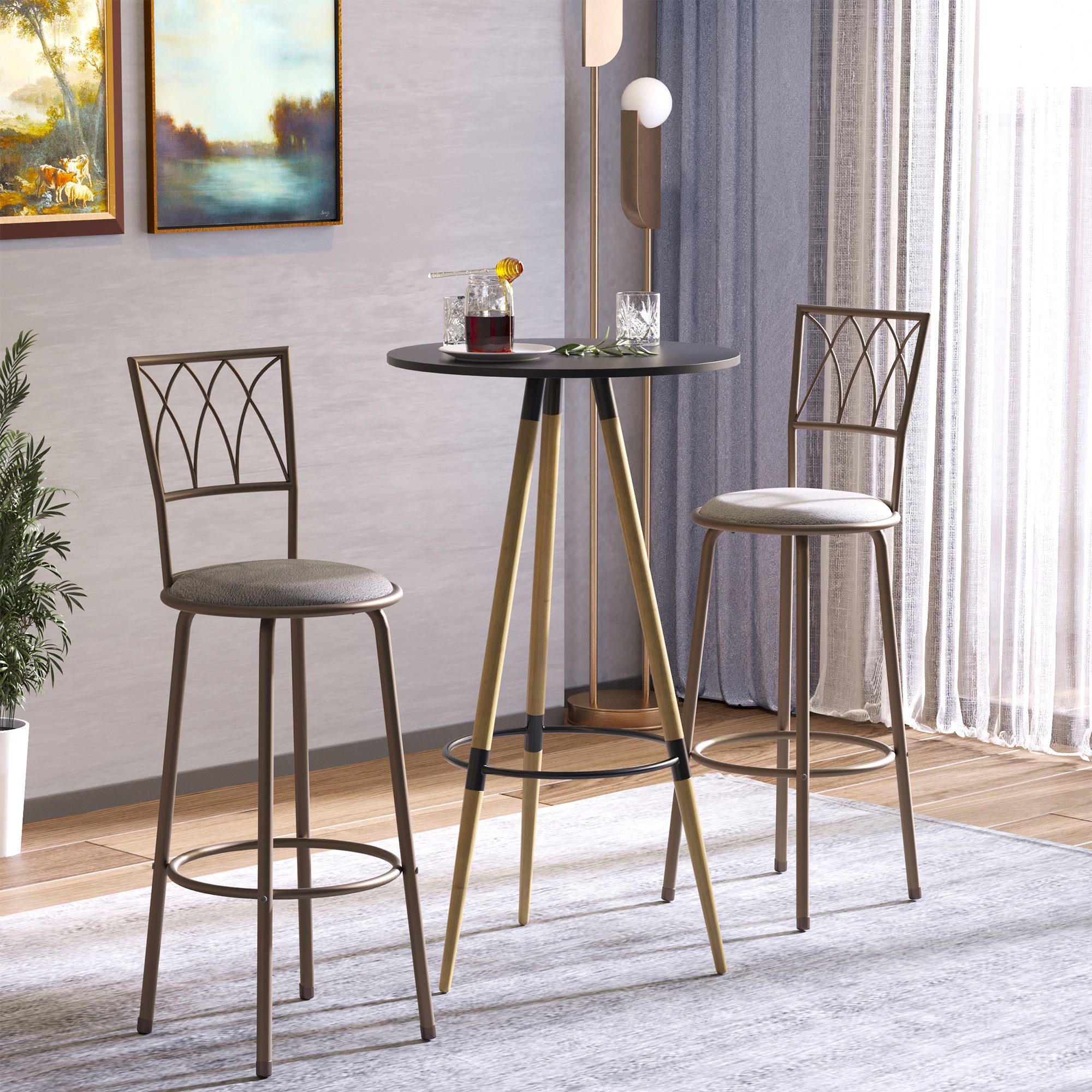 HOMCOM Set of 2 Bar Chairs Swivel Armless Upholstered Metal Frame Barstools with Backrest & Footrest, Bronze - North Peak Garden Furniture