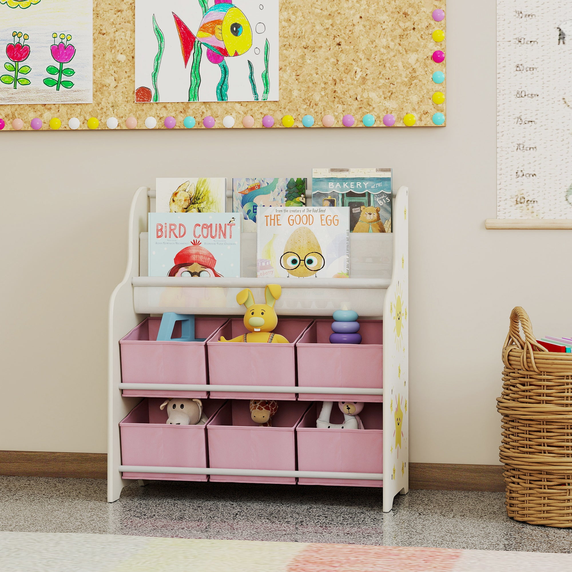 AIYAPLAY Kids Storage Unit, Toy Organiser with 6 Fabric Drawers and 2-Tier Sling Book Rack for Bedroom, Playroom, Nursery, Pink
