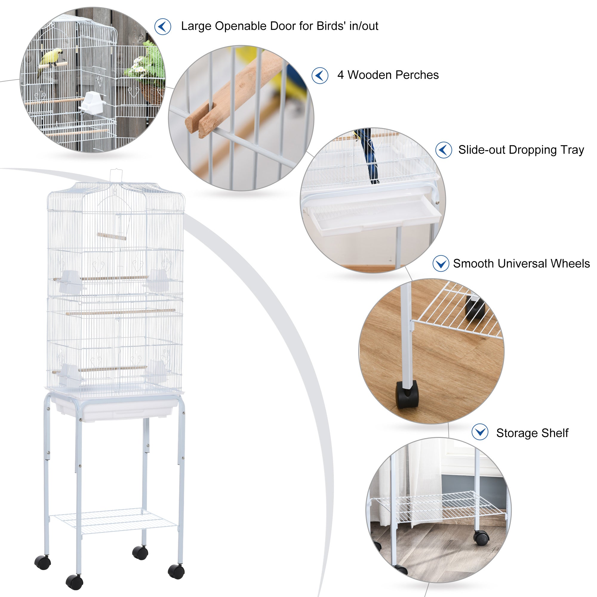PawHut Bird Cage Budgie Cages for Finch Canary Parakeet with Stand Wheels Slide-out Tray Accessories Storage Shelf, White 46.5 x 36 x 157 cm - North Peak Garden Furniture