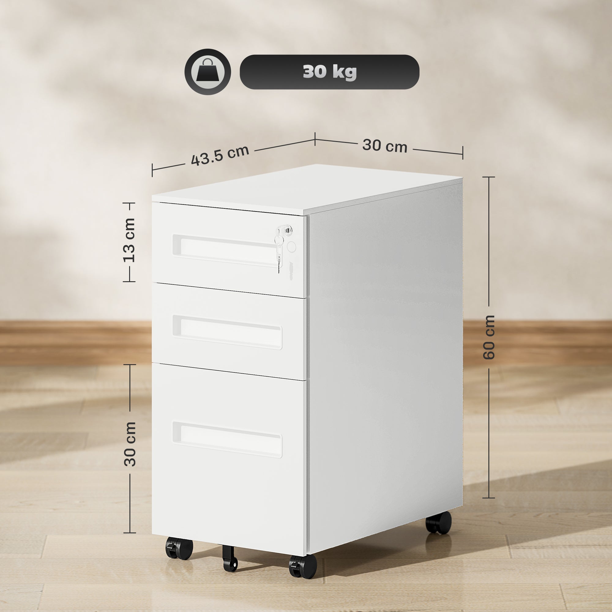 Vinsetto Metal Mobile File Cabinet with Wheels, Lockable 3 Drawer Filing Cabinet for A4, Legal, Letter, Compact Under Desk Storage Unit with Pre-Assembled Body for Home Office, 30 x 43.5 x 60cm, White - North Peak Garden Furniture
