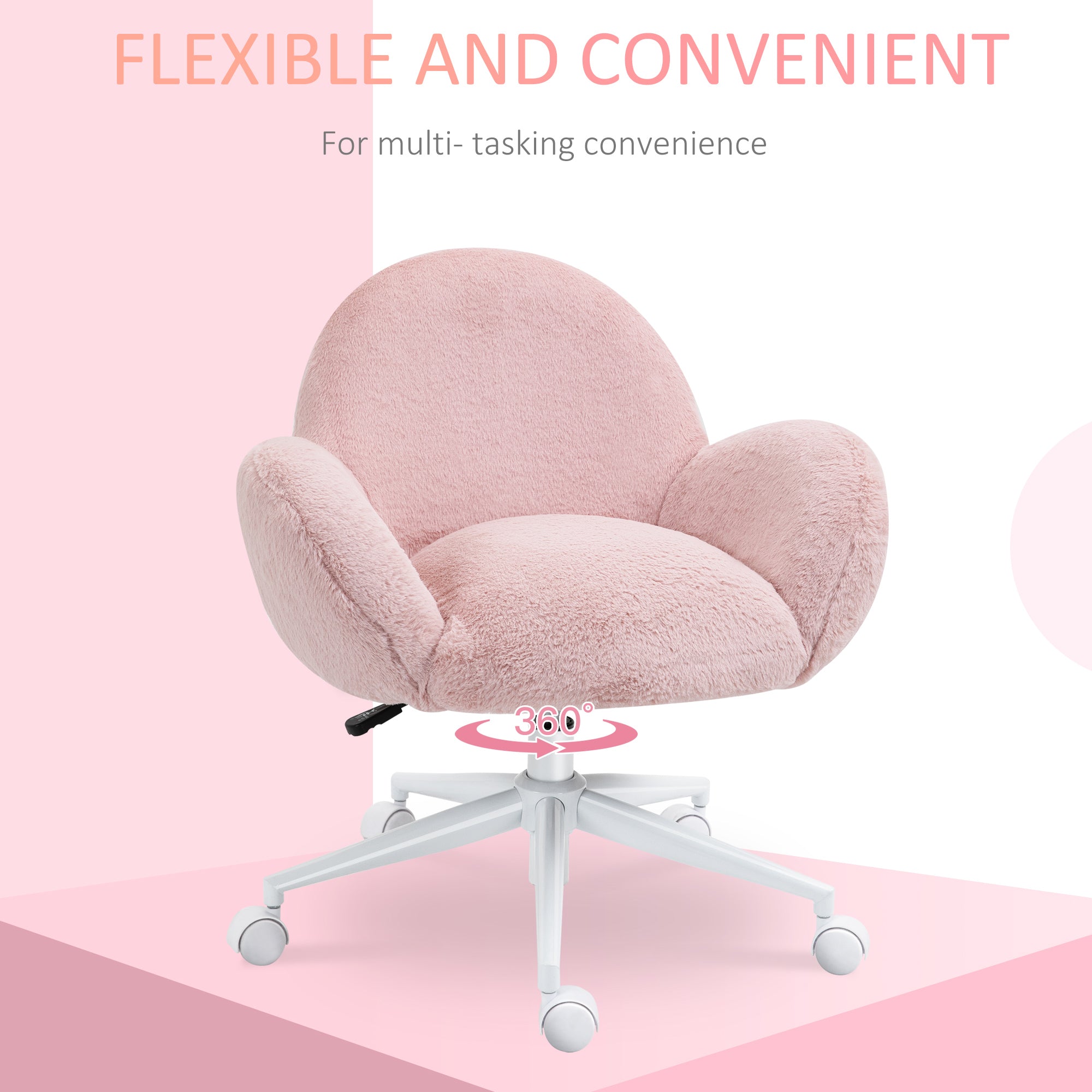 HOMCOM Makeup Vanity Chair, Cute Fluffy Desk Chair with Rolling Wheels for Bedroom Living Room, Pink - North Peak Garden Furniture