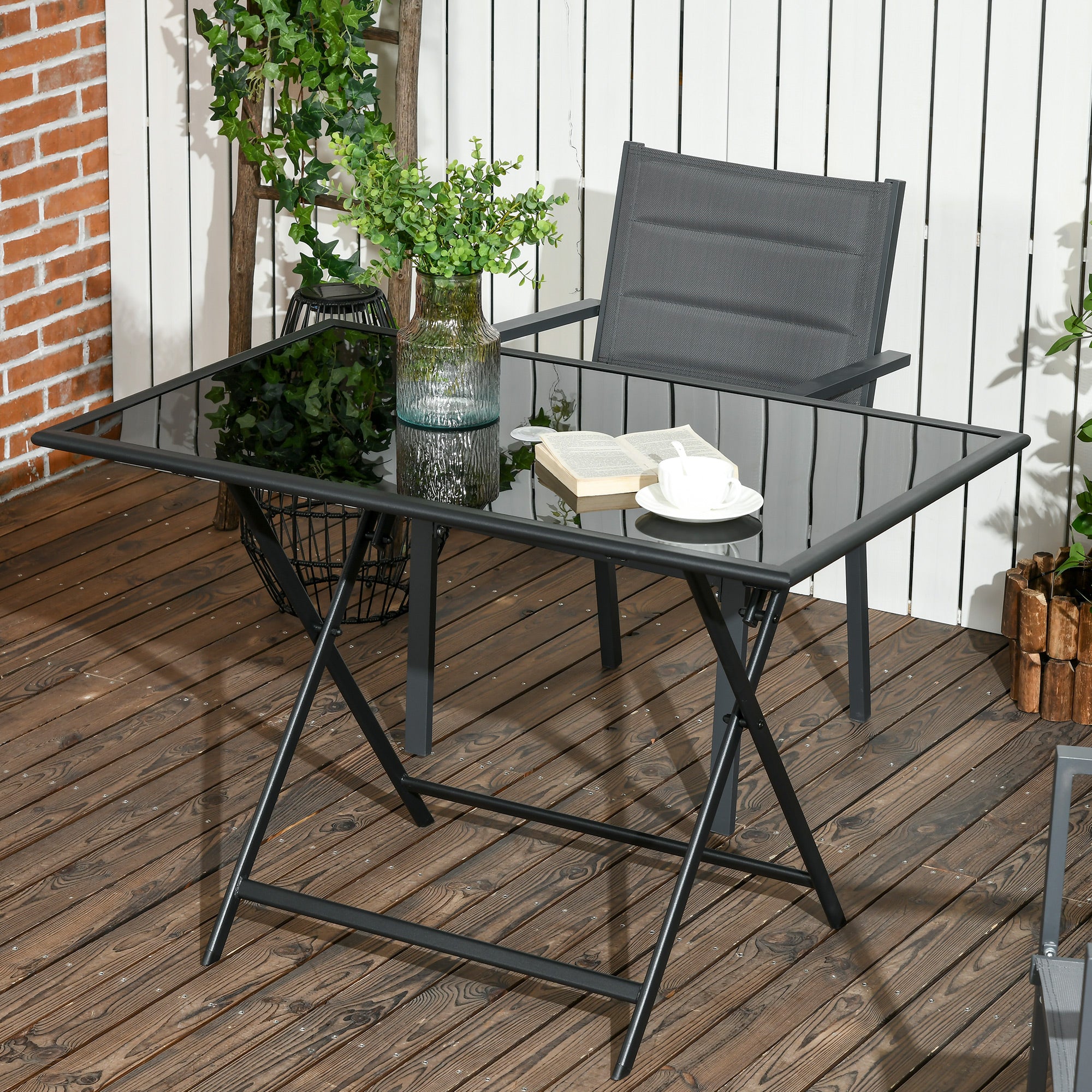 Outsunny Folding Outdoor Dining Table for 6, Rectangle Garden Table Tempered Glass Top with Parasol Hole Garden Lawn Backyard, 110 x 70 x 70 cm - North Peak Garden Furniture